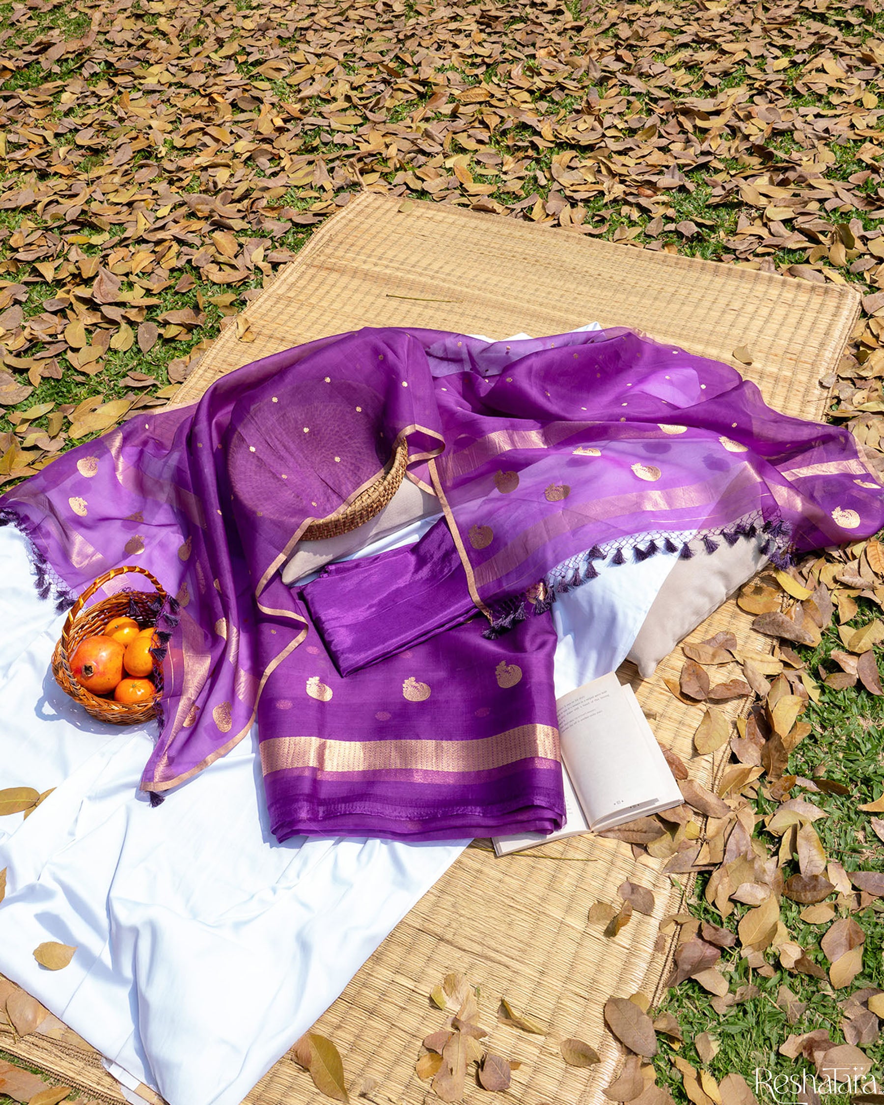 Purple Pure Kora Silk Banarasi Handloom Suit Set