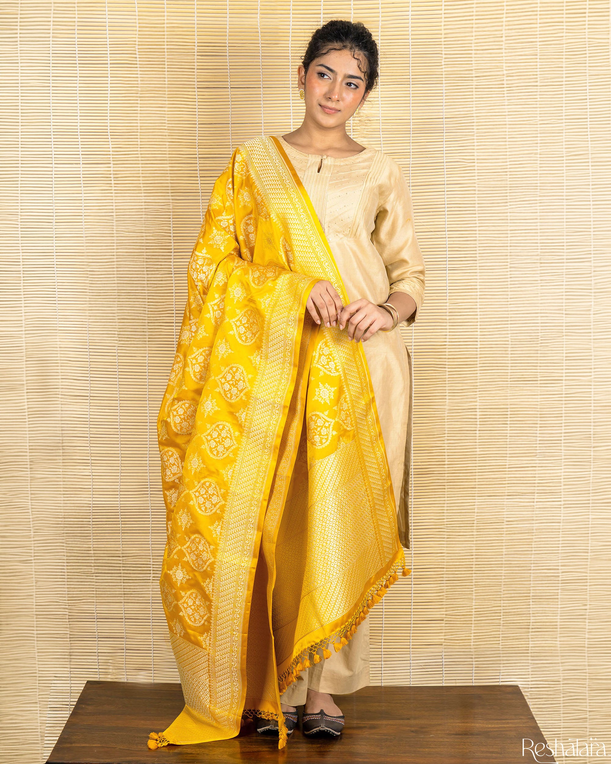 Mustard Yellow Mashru Silk Banarasi Handloom Dupatta