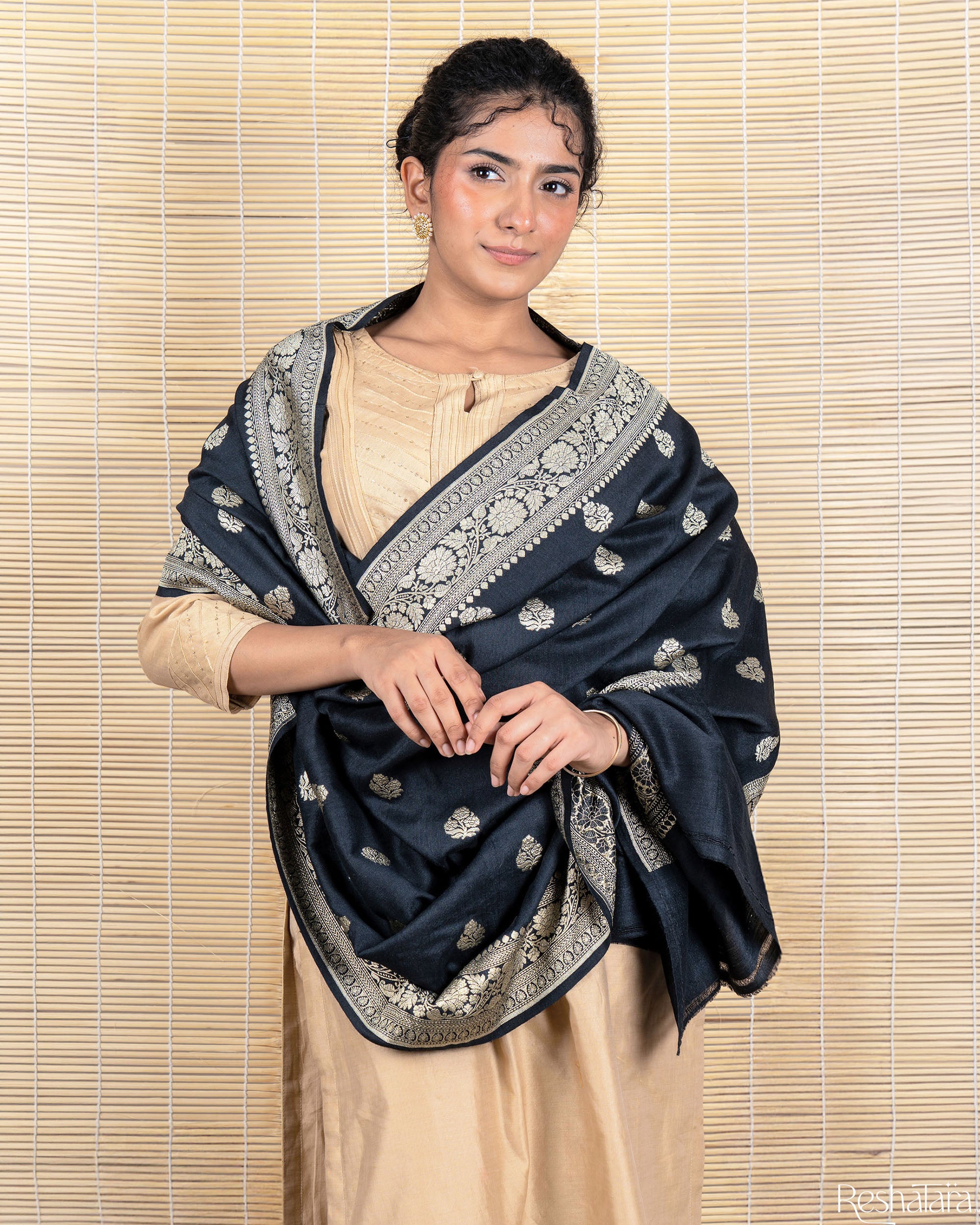 Black Munga Silk Banarasi Handloom Dupatta