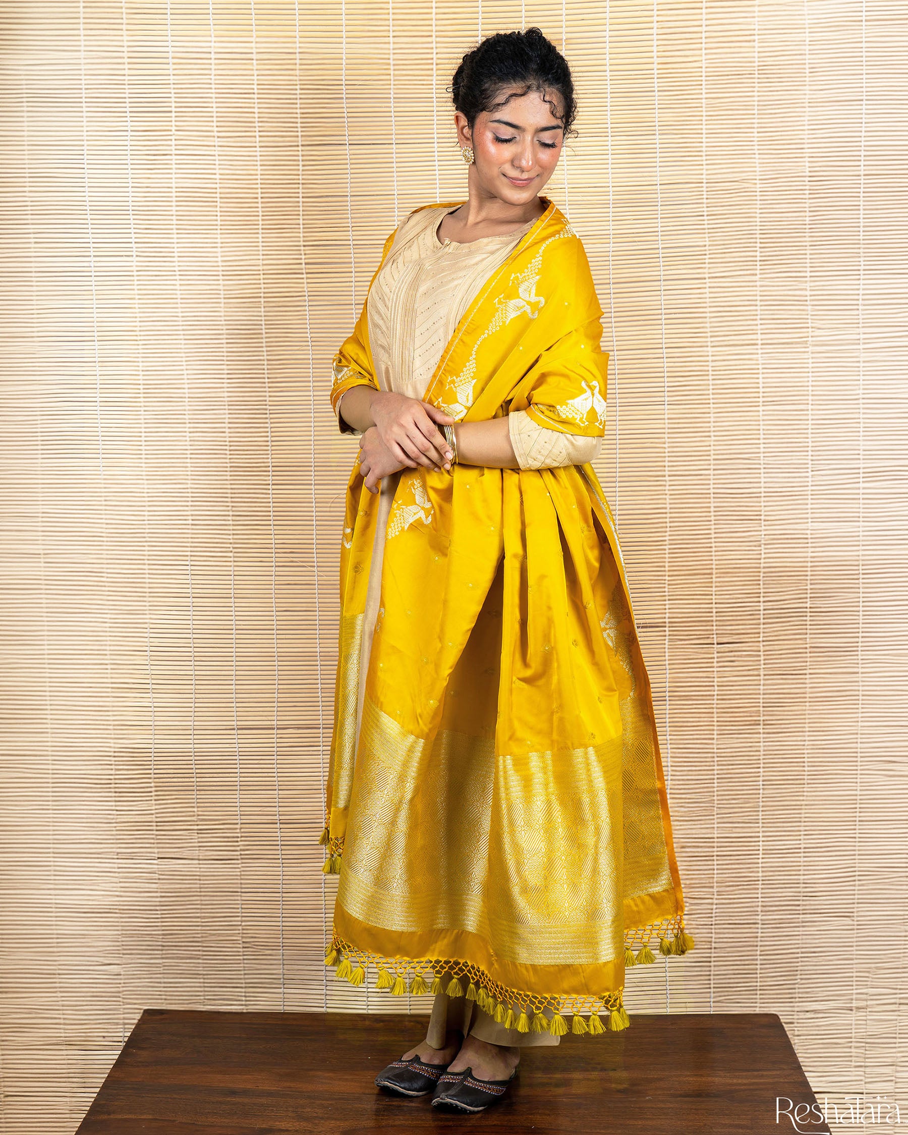 Mango Yellow Mulberry Silk Banarasi Handloom Dupatta