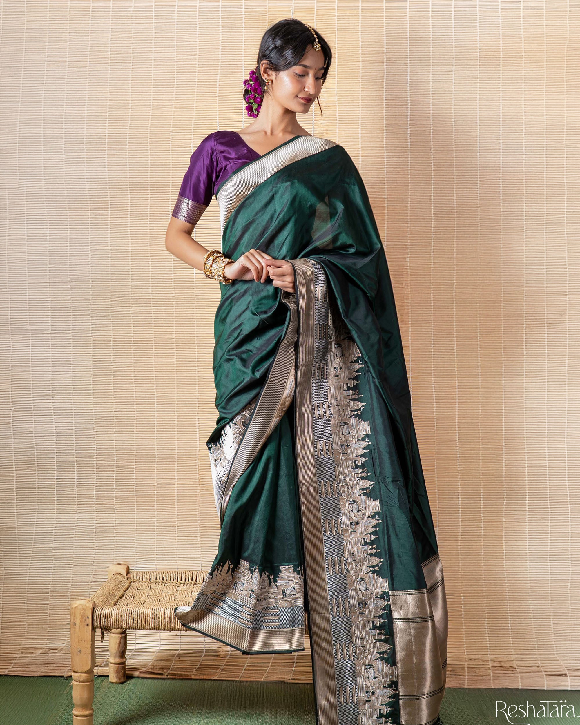 Kashi' Bottle Green Kadhua Pure Katan Silk Banarasi Handloom Saree