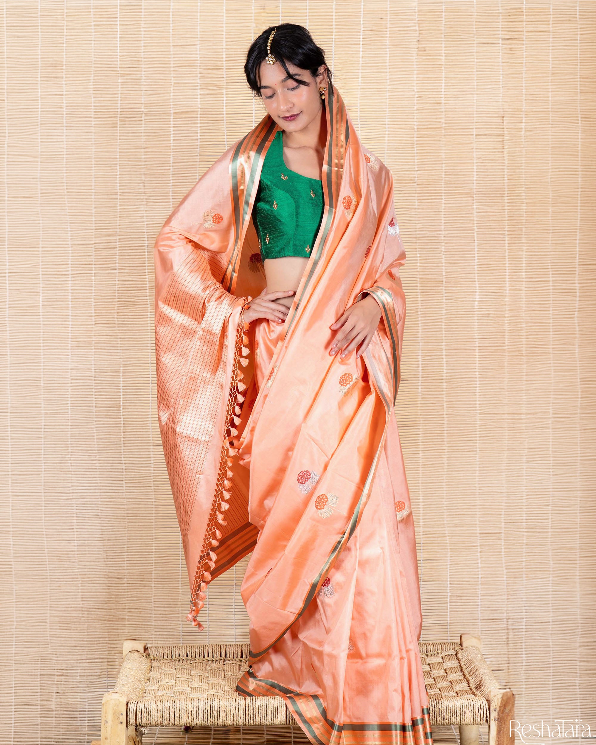 Powder Peach Meenadar Kadhua Pure Katan silk Banarasi Handloom Saree