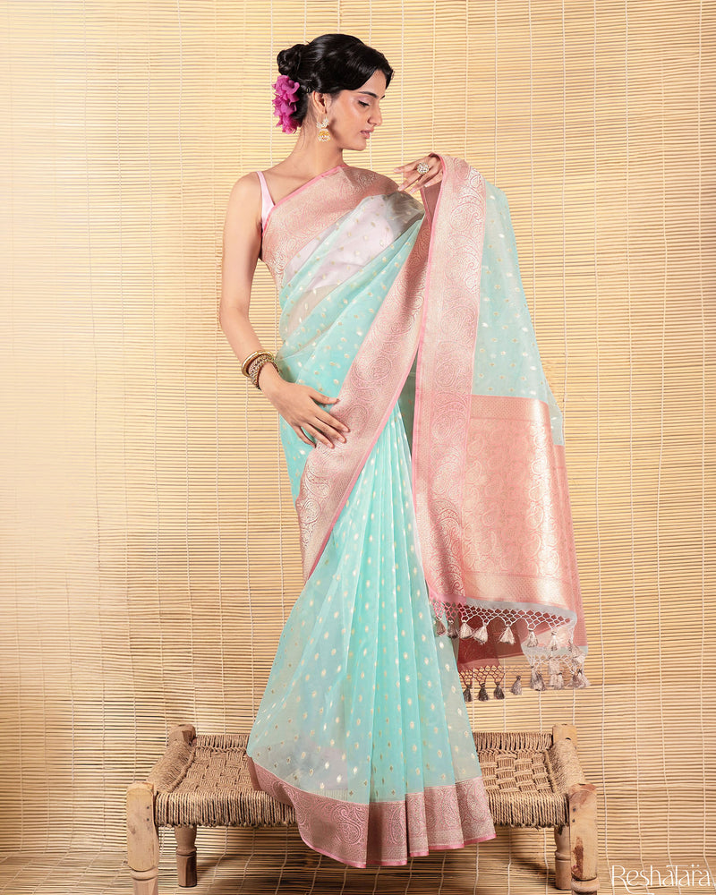 Mint Green and Pink Pure Kora Silk Banarasi Handloom Saree