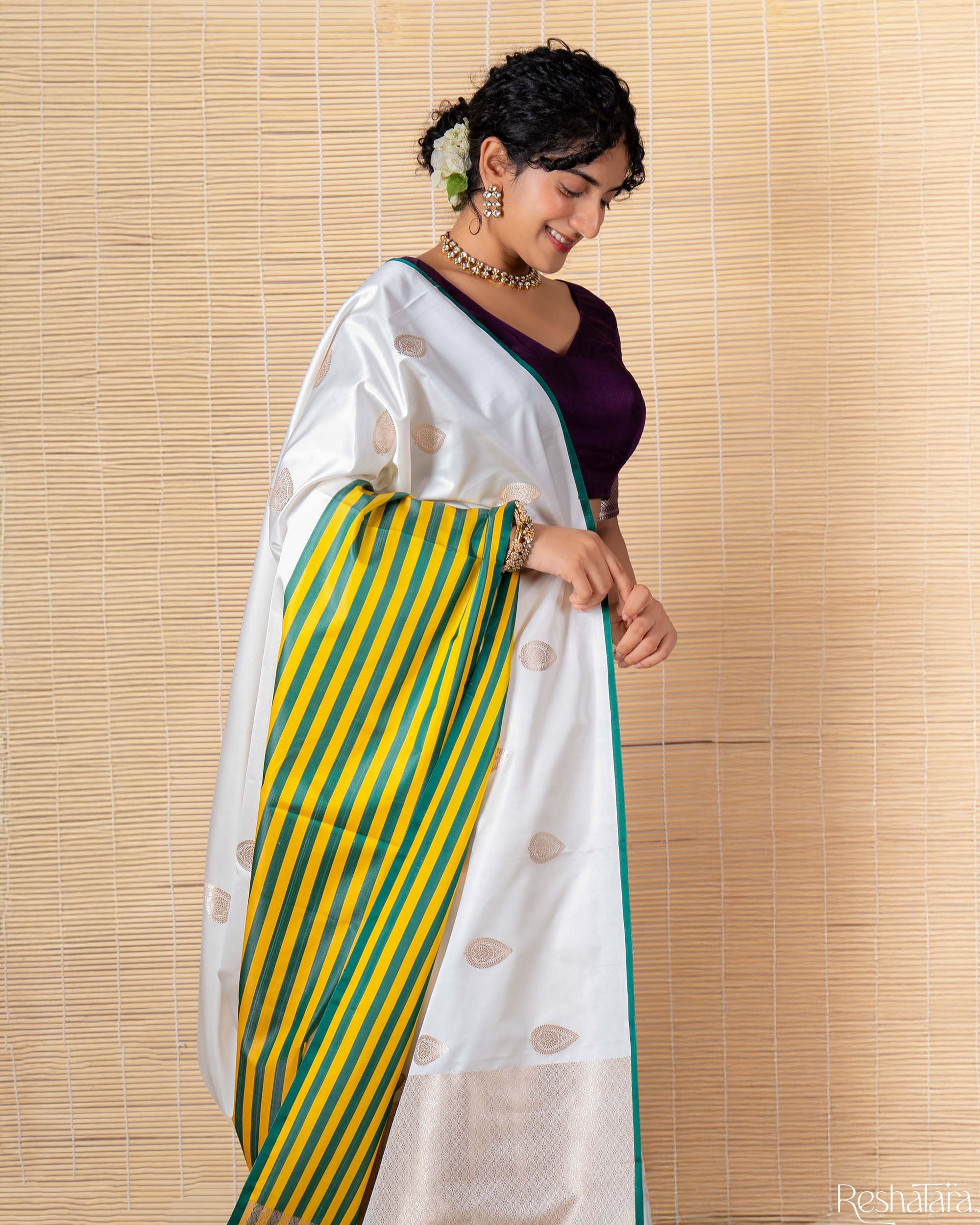 Pearl White Kadhua Mulberry Banarasi Silk Handloom Saree