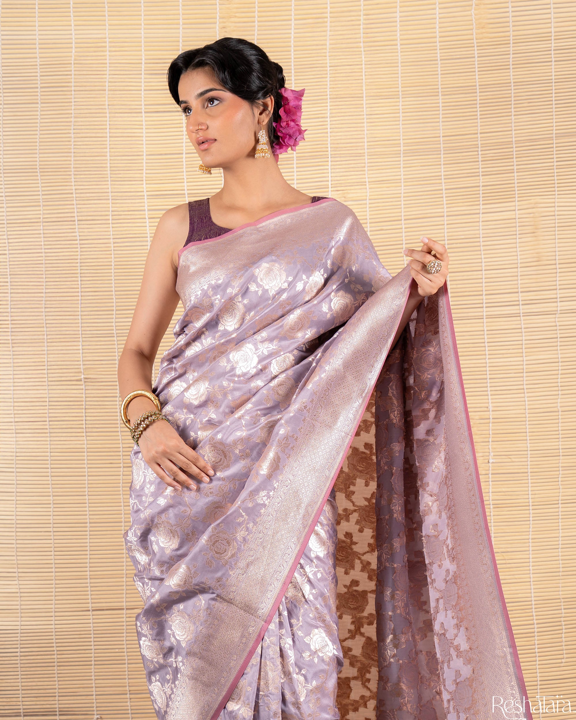 Lavender Pure Katan Silk Banarasi Handloom Saree