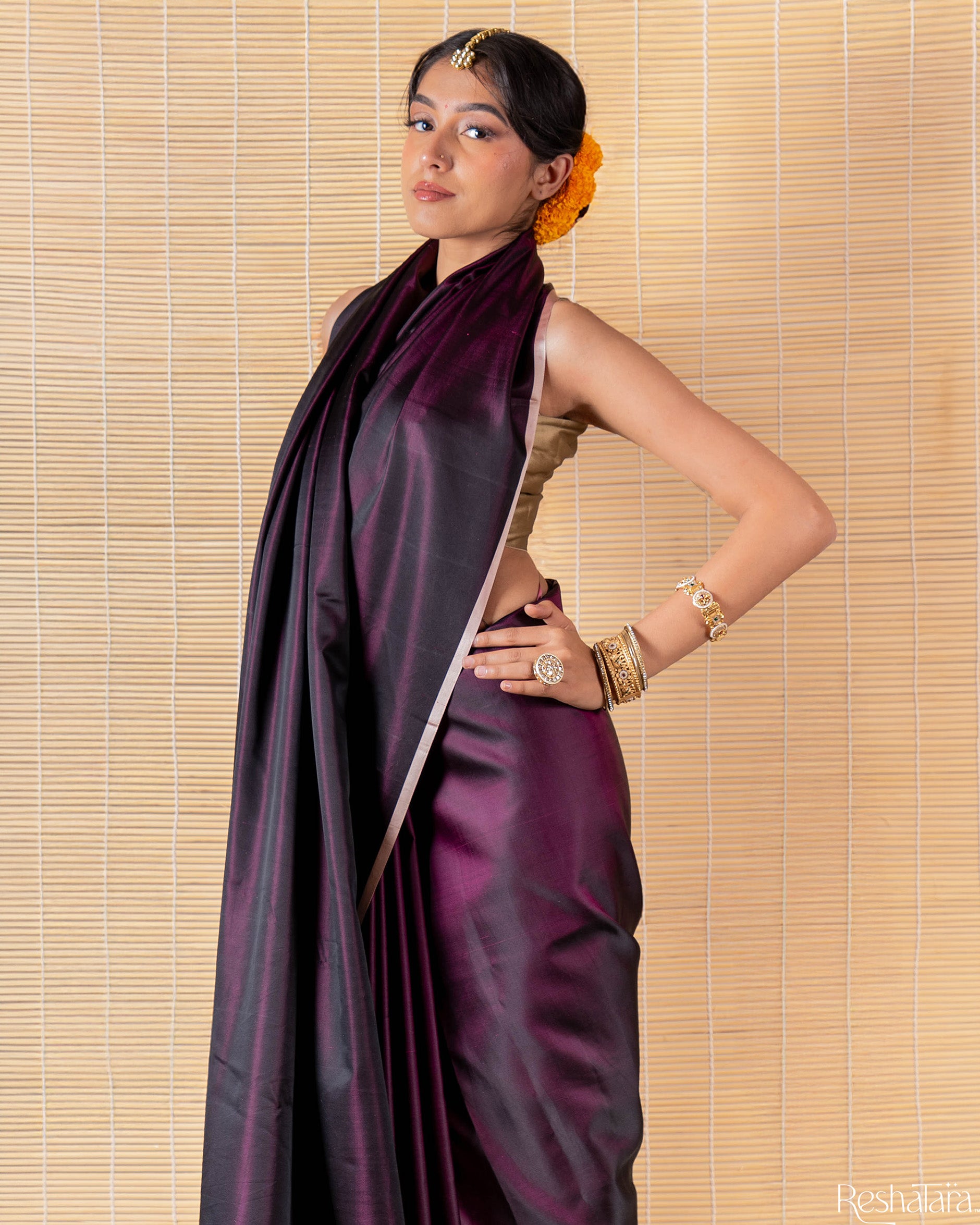 Wine Mulberry Silk Banarasi Handloom Saree