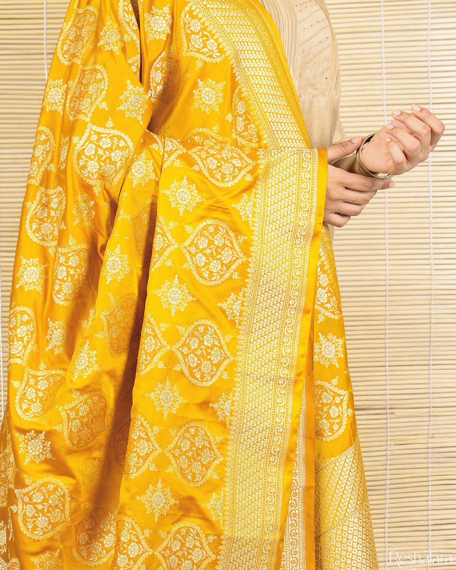 Mustard Yellow Mashru Silk Banarasi Handloom Dupatta