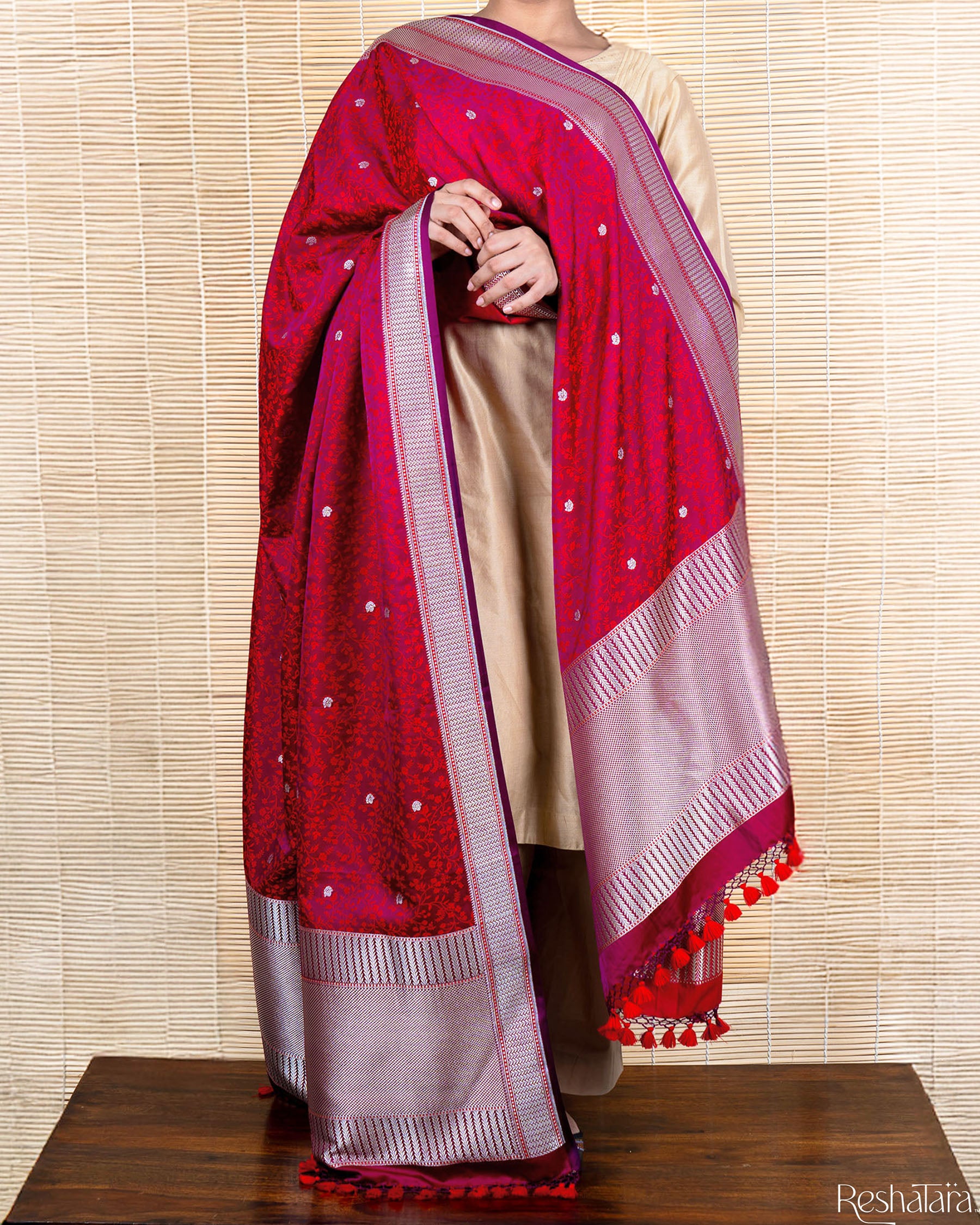 Fuchsia Pink Mashru Silk Tanchoi Banarasi Handloom Dupatta