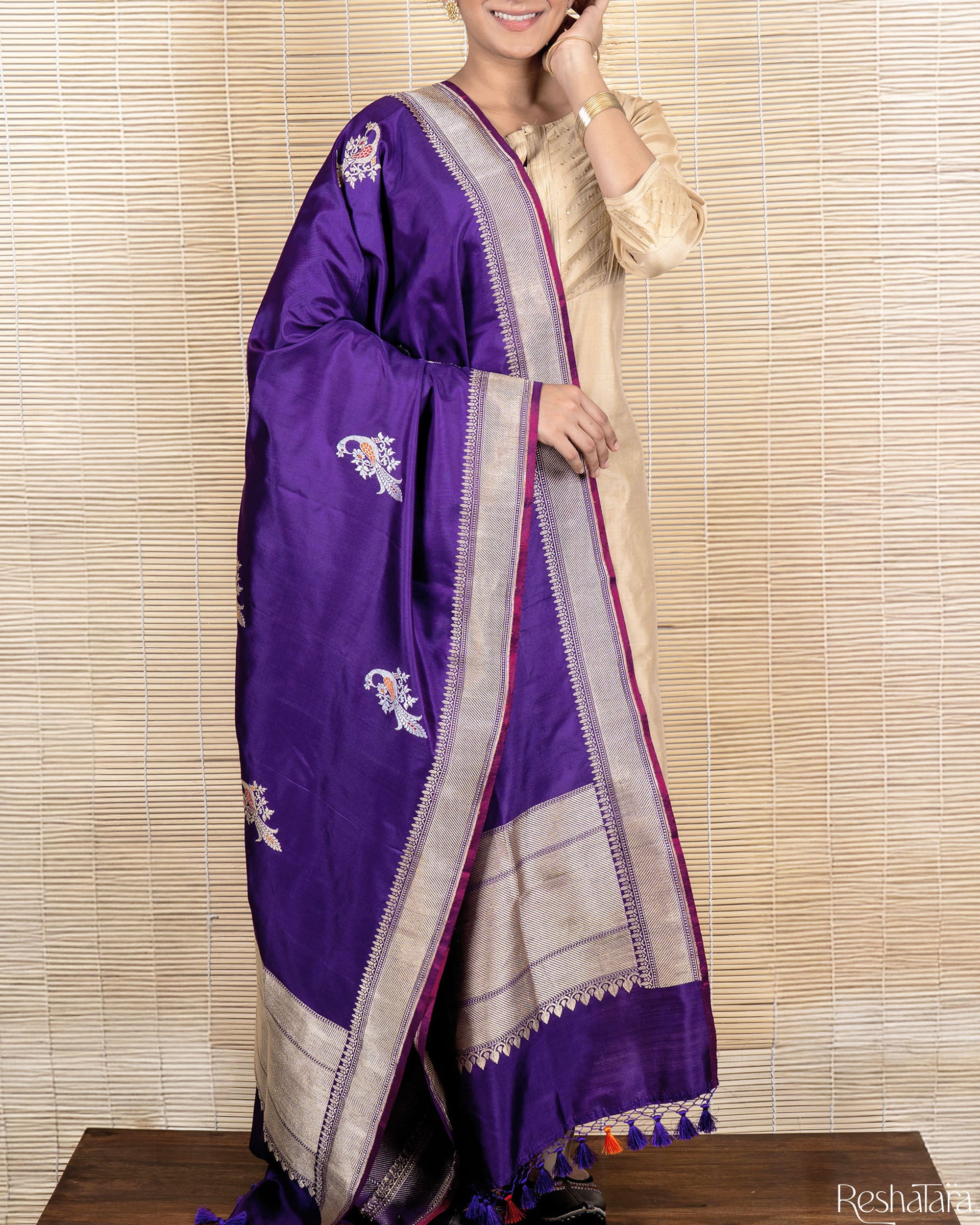 Purple Pure Katan Silk Banaarsi Handloom Kadhua Dupatta
