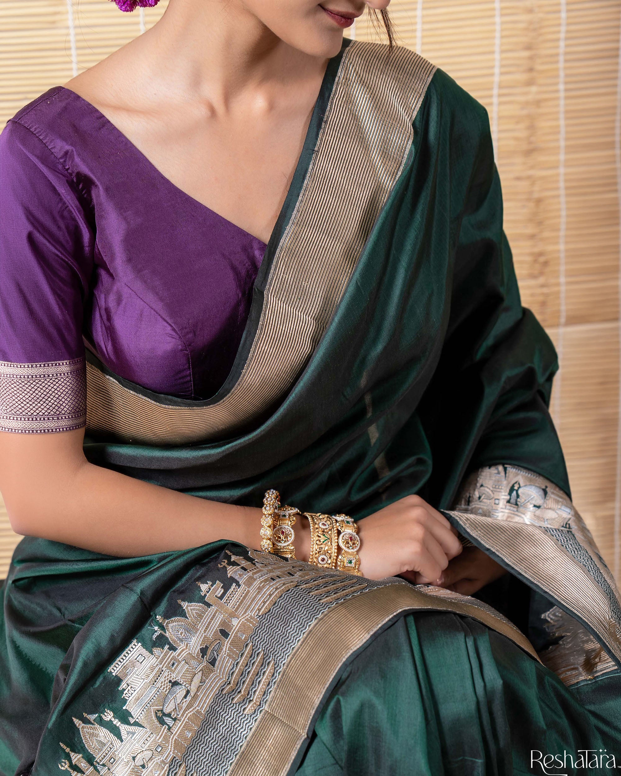 Kashi' Bottle Green Kadhua Pure Katan Silk Banarasi Handloom Saree