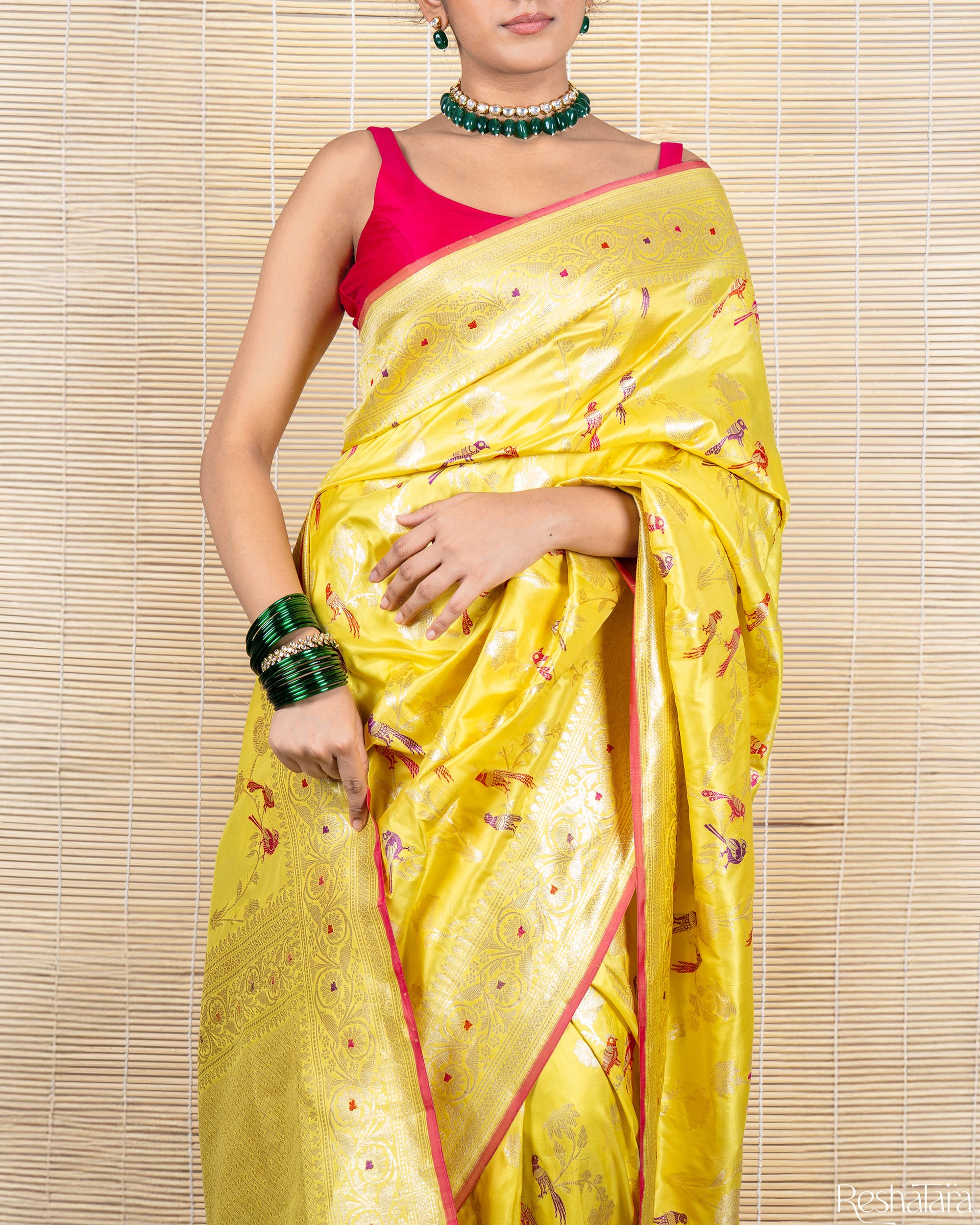 Canary Yellow Meenadar Pure Katan Silk Banarasi Jangla Handloom Saree