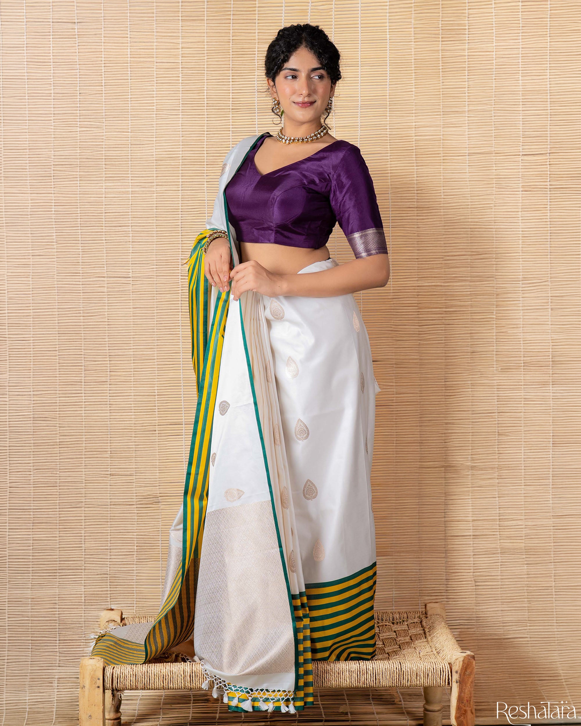 Pearl White Kadhua Mulberry Banarasi Silk Handloom Saree