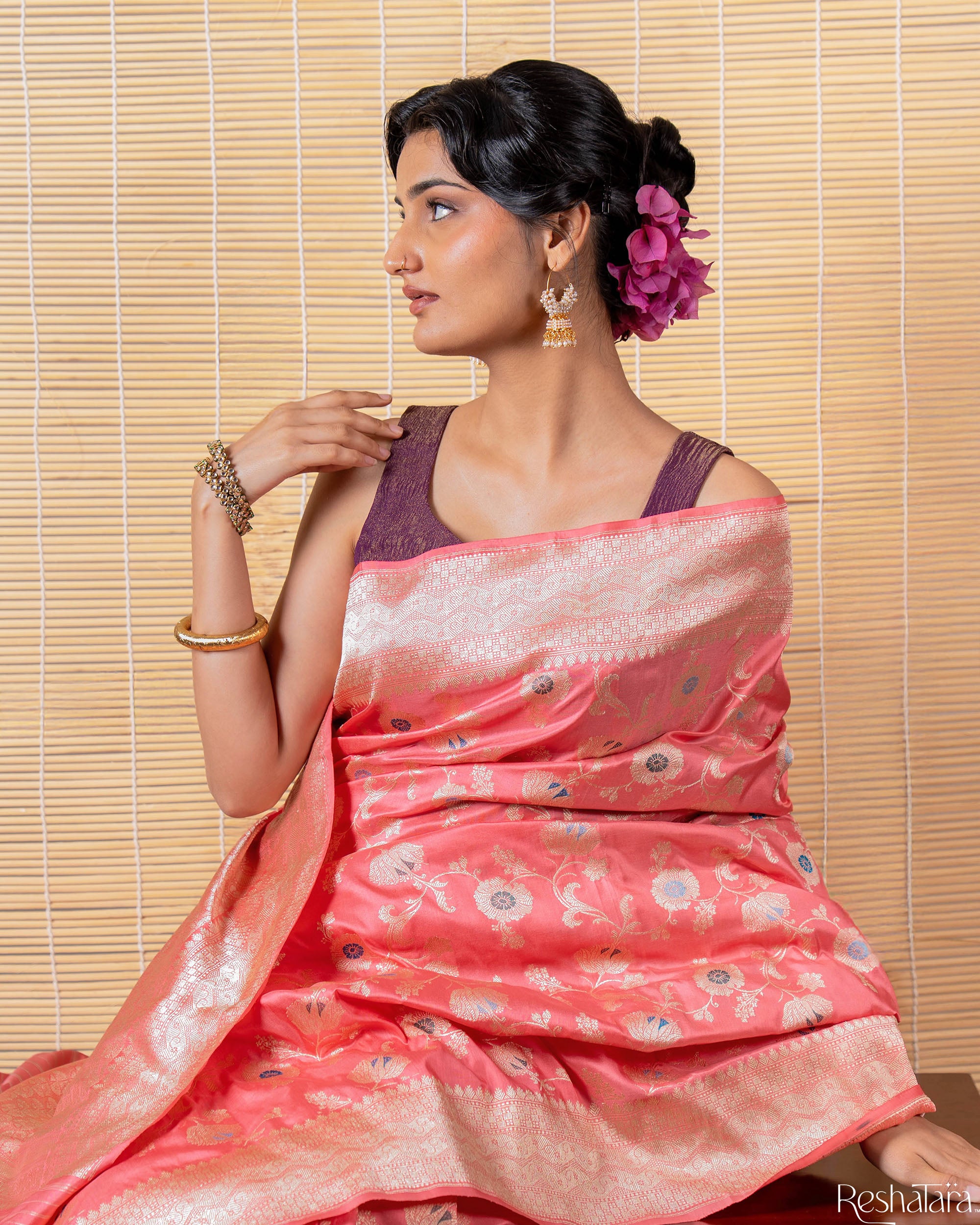 Rose Pink Meenadar Pure Katan Silk Banarasi Jangla Handloom Saree
