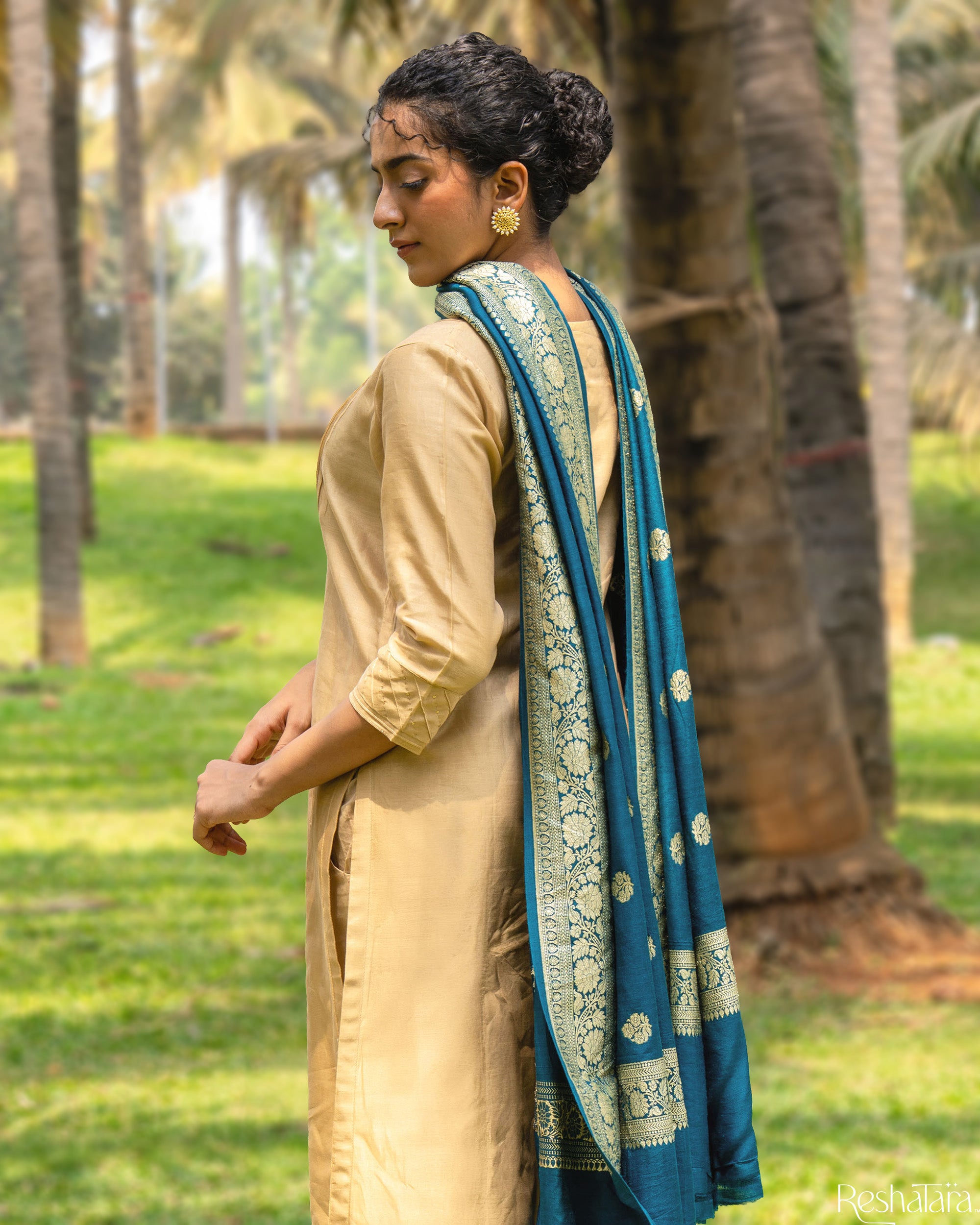 Teal Munga Silk Banarasi Handloom Dupatta