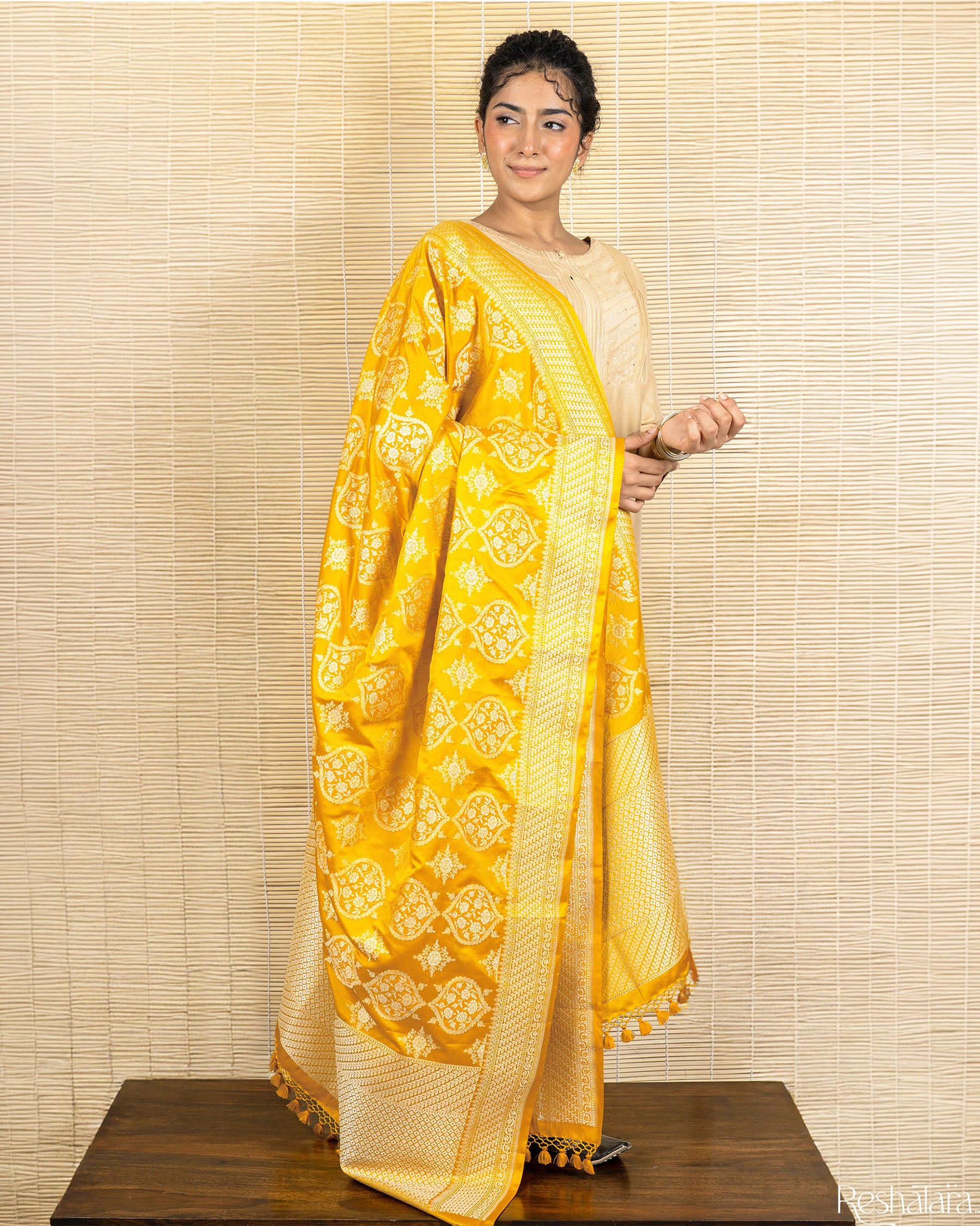 Mustard Yellow Mashru Silk Banarasi Handloom Dupatta