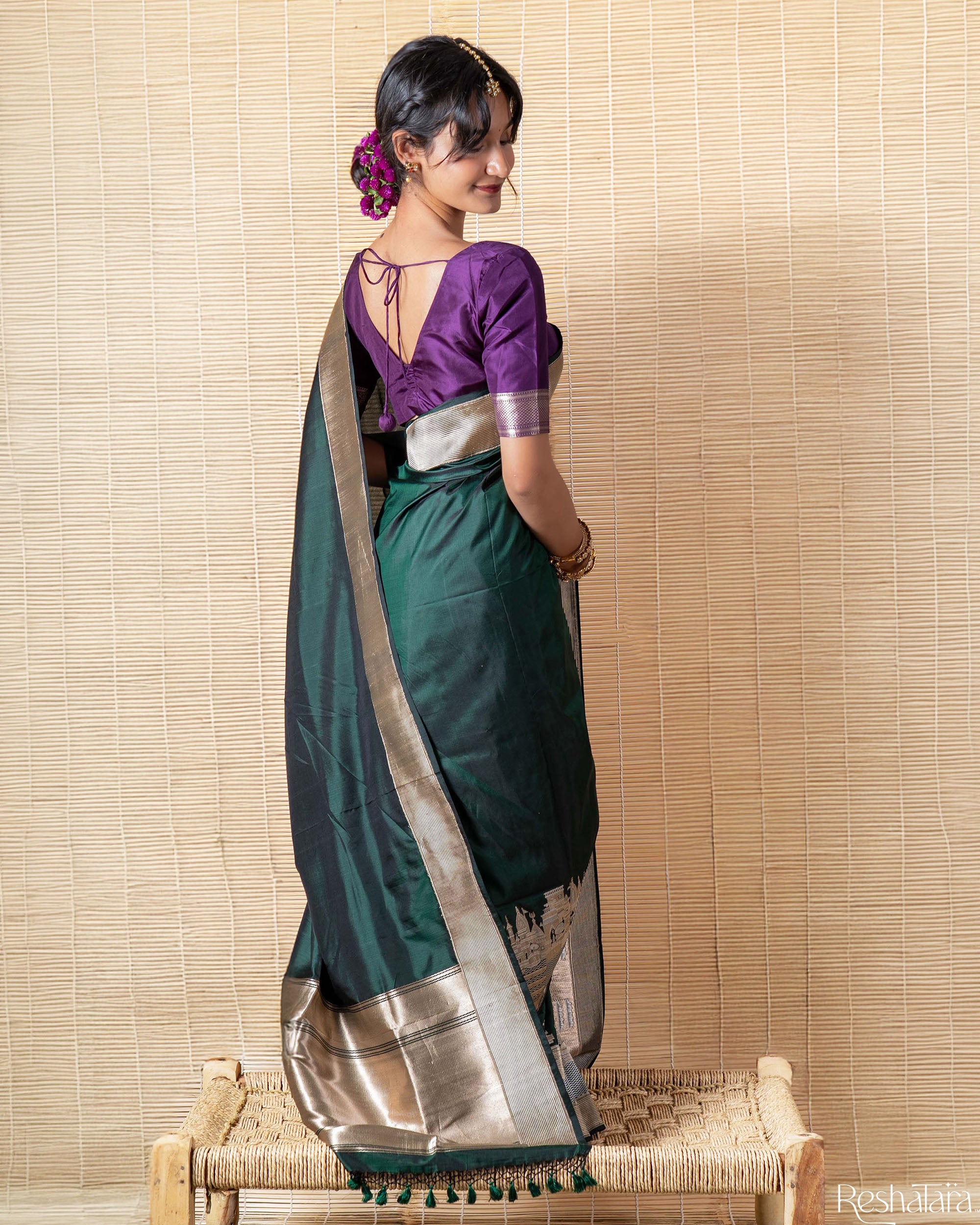 Kashi' Bottle Green Kadhua Pure Katan Silk Banarasi Handloom Saree