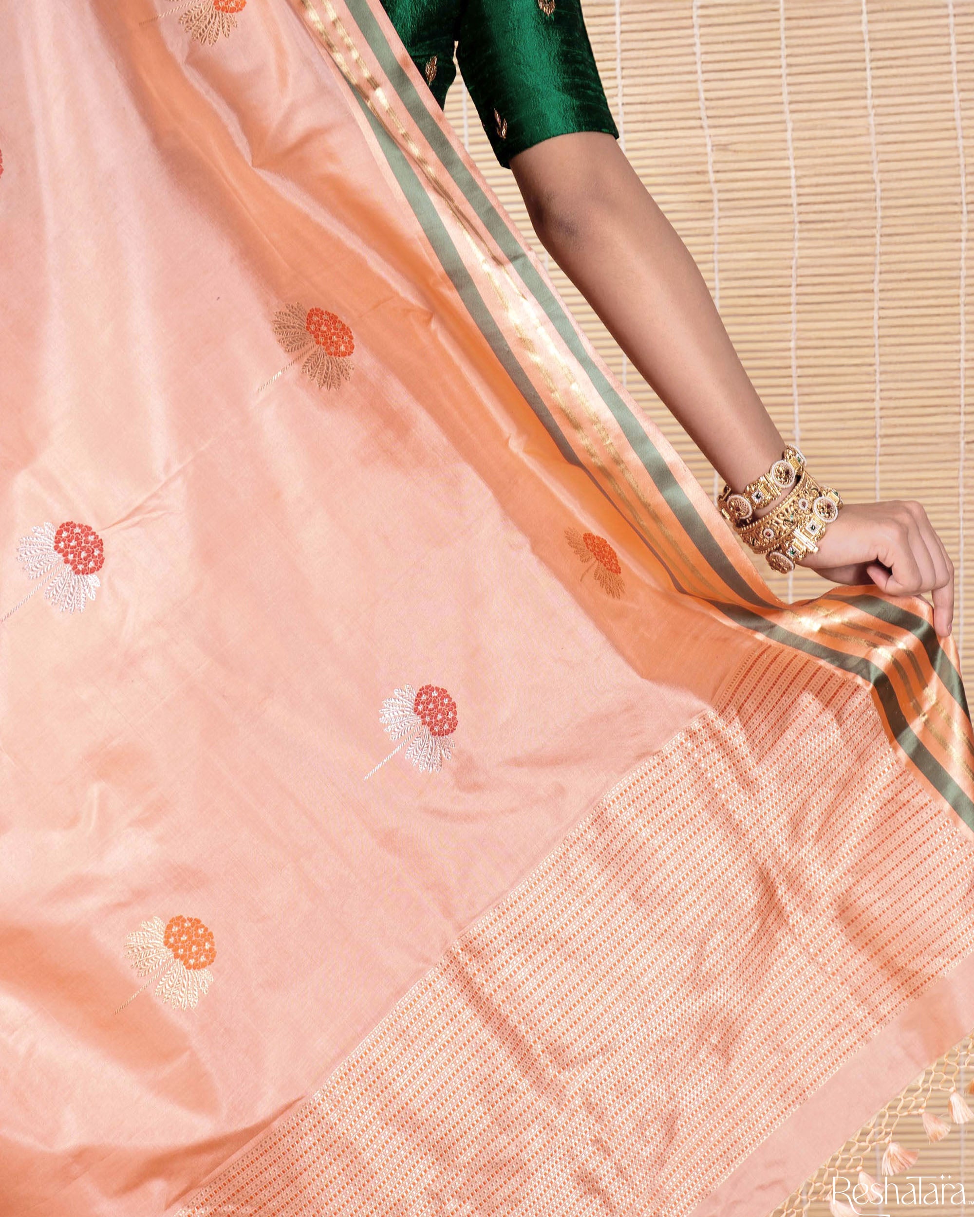 Powder Peach Meenadar Kadhua Pure Katan silk Banarasi Handloom Saree
