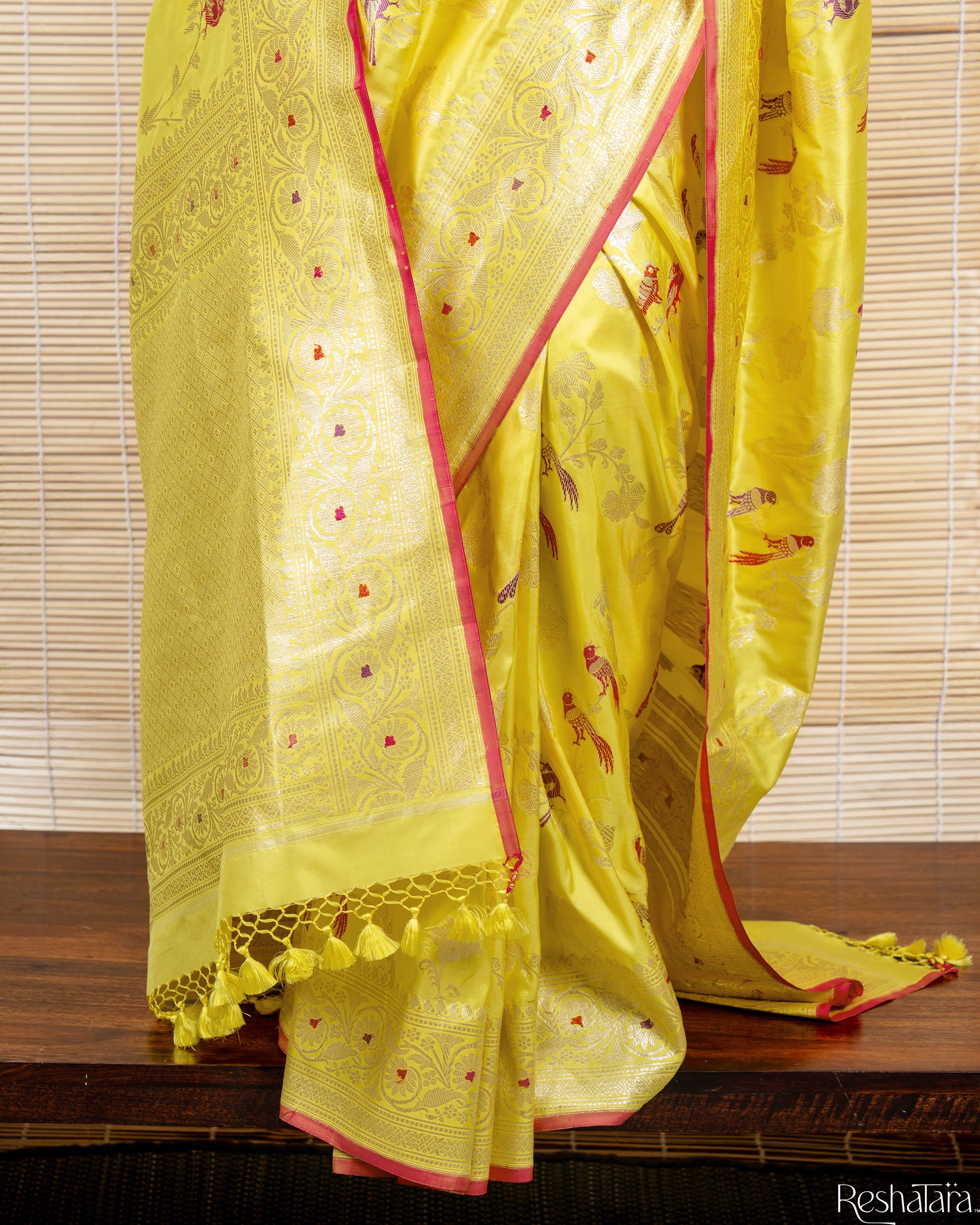 Canary Yellow Meenadar Pure Katan Silk Banarasi Jangla Handloom Saree