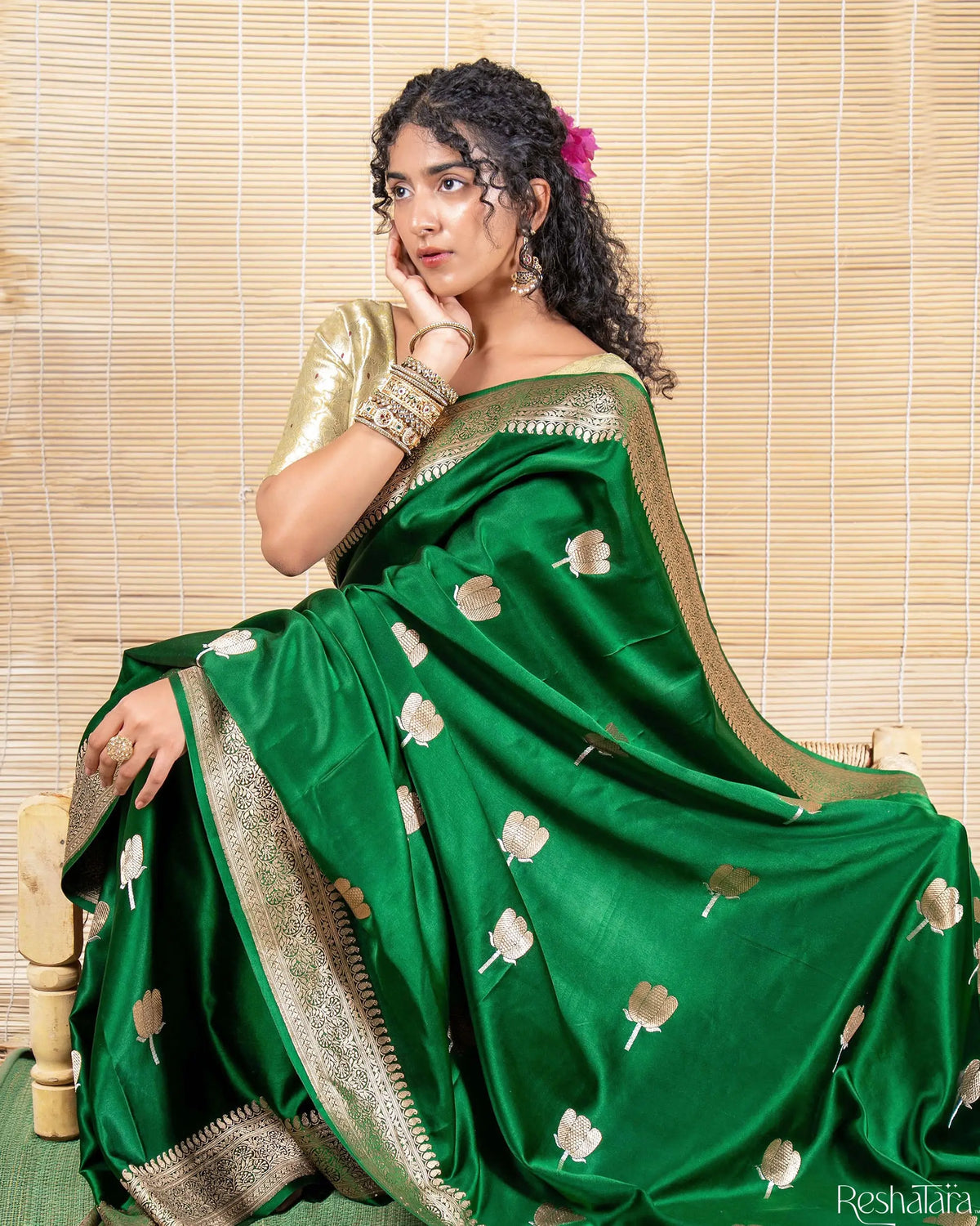 Emerald Green Sona Rupa Kadhua Pure Mulberry Silk Banarasi Handloom Saree