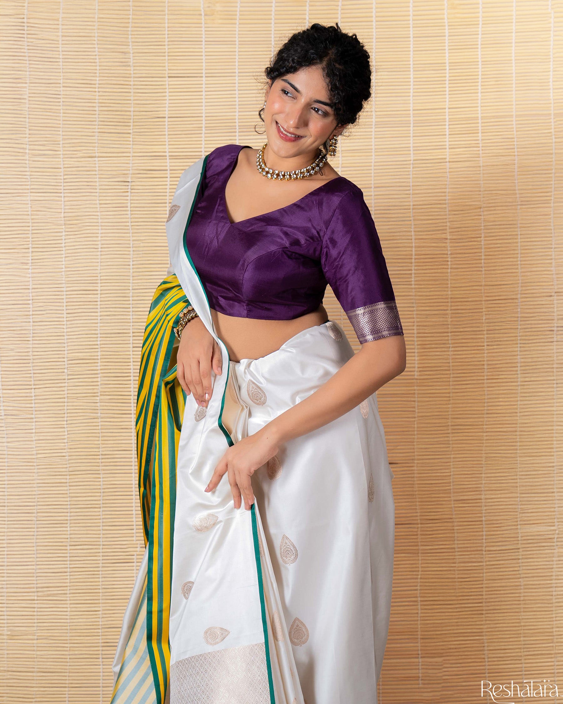 Pearl White Kadhua Mulberry Banarasi Silk Handloom Saree