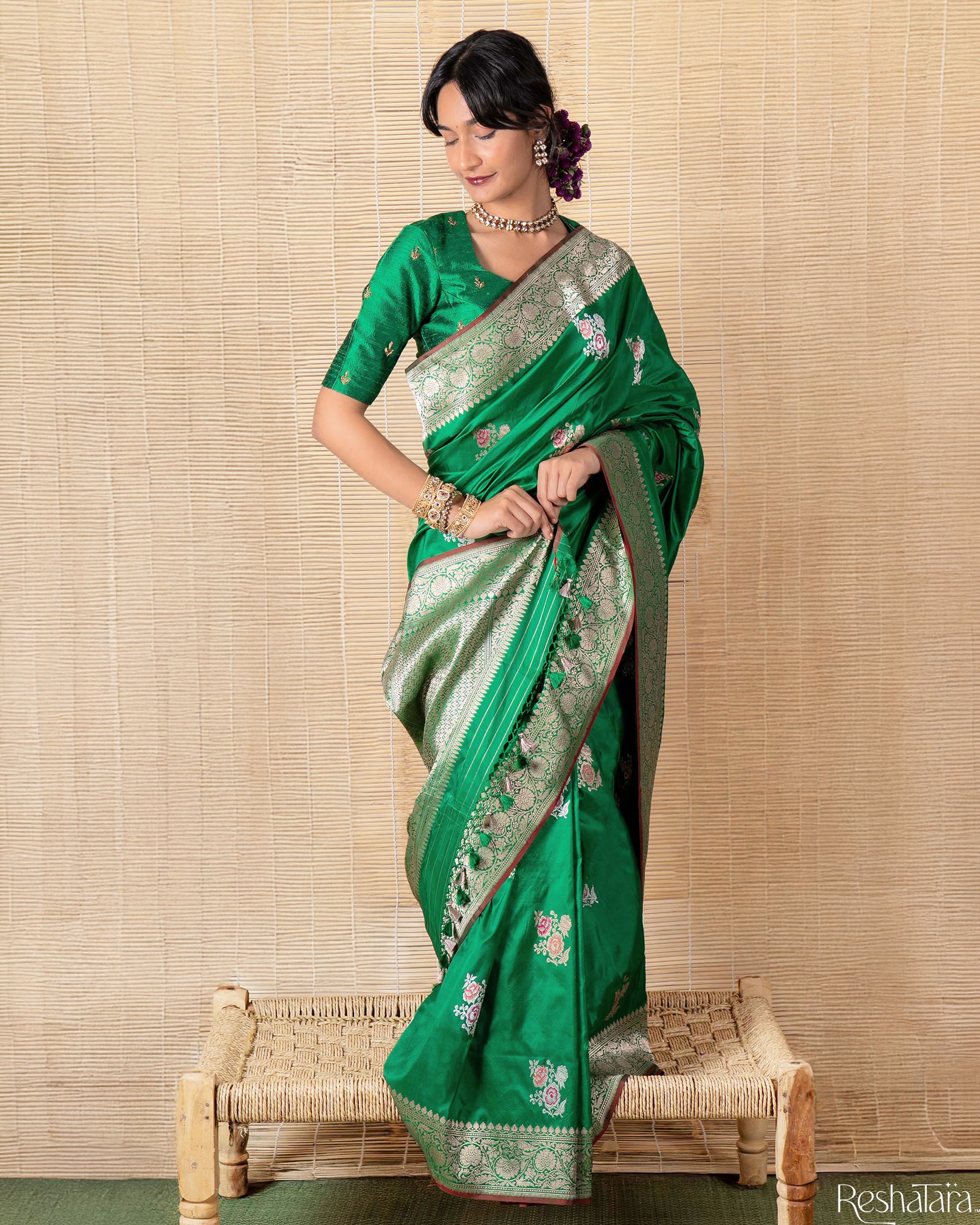 Vibrant Green Sona Rupa Meenadar Kadhua Pure Katan Silk Banarasi Handloom Saree