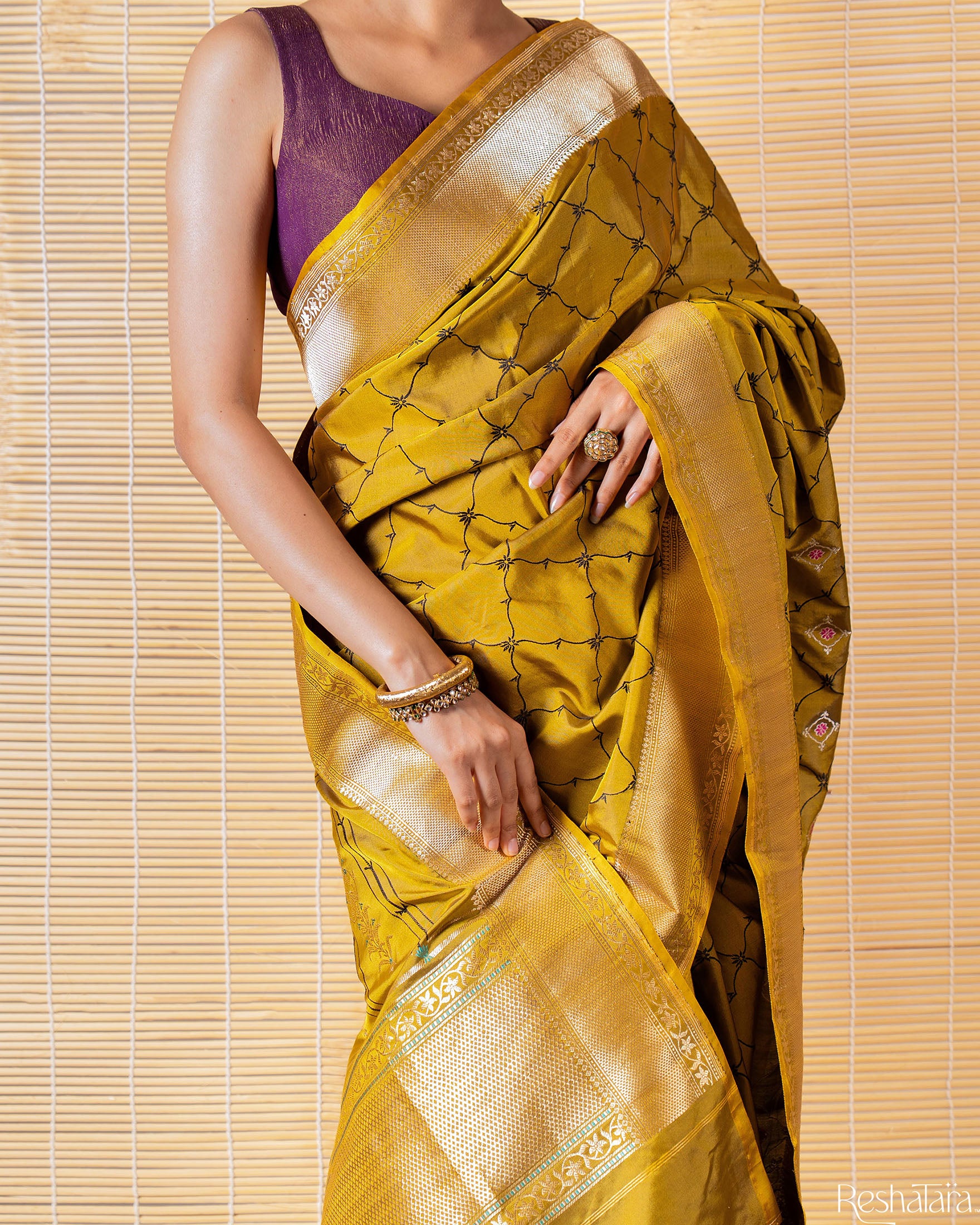 Dusty Olive Green Meenadar Tanchoi Pure Katan Silk Banarasi Handloom Saree