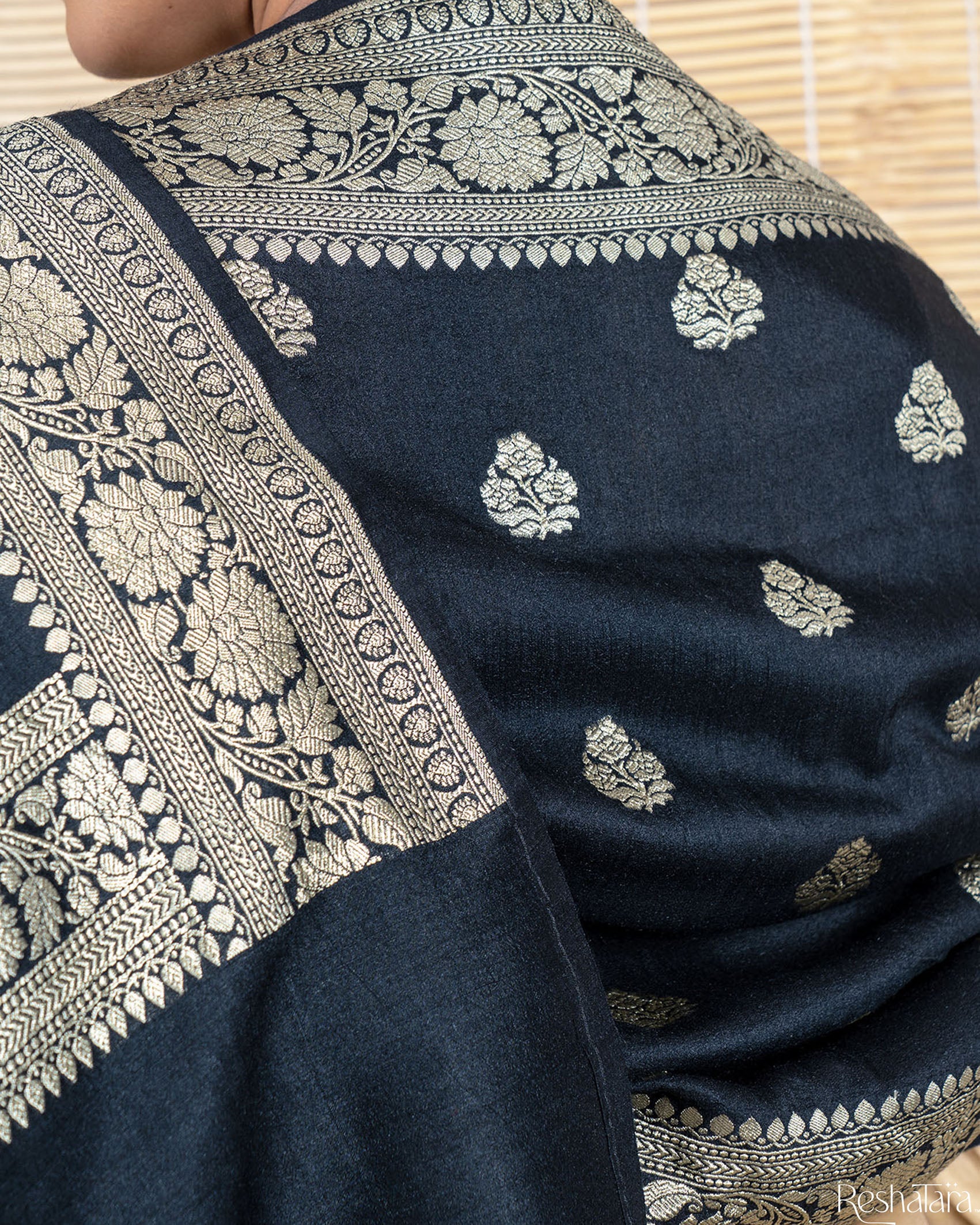 Black Munga Silk Banarasi Handloom Dupatta