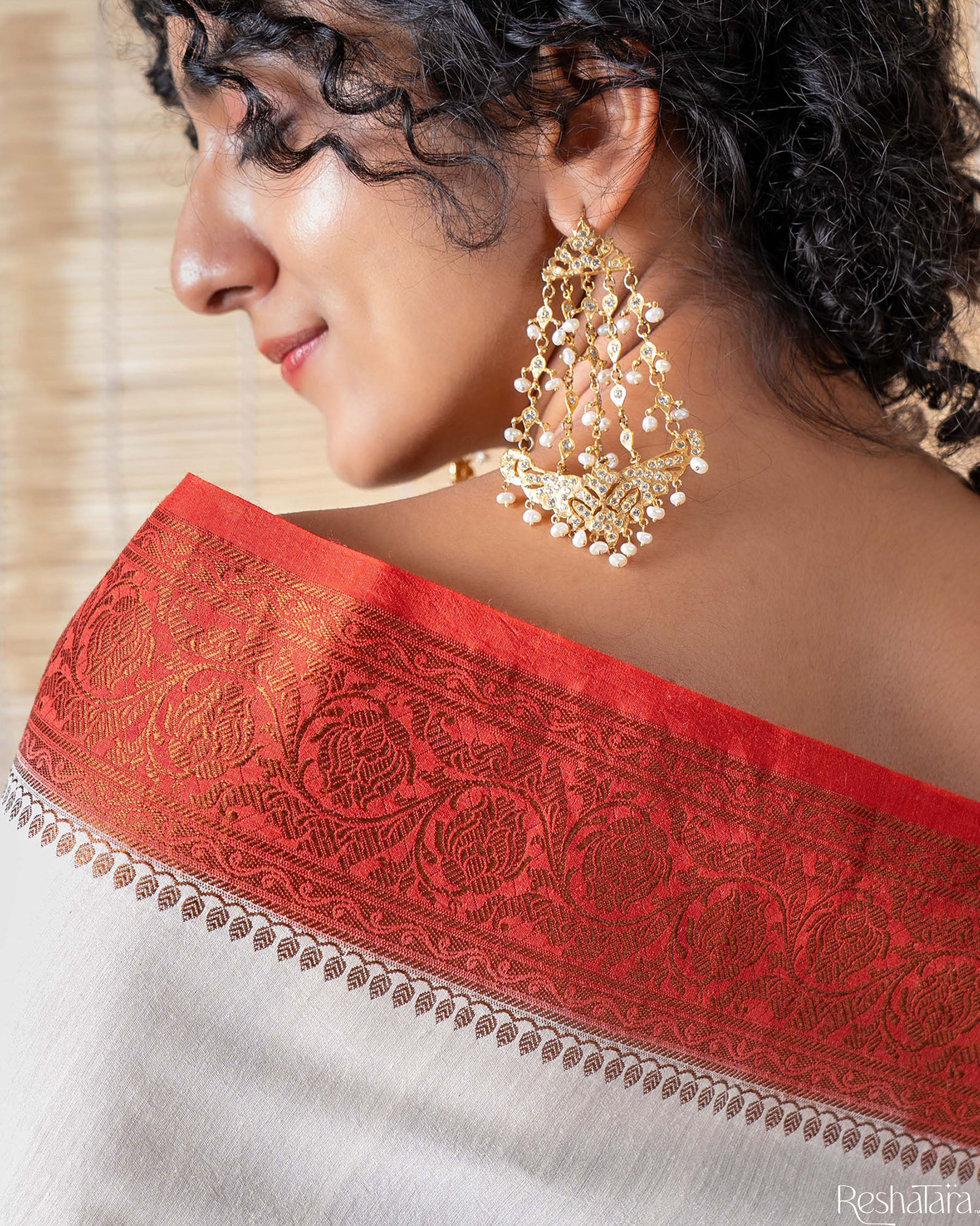 Pearl White and Rust Maroon Pure Munga Silk Banarasi Handloom Saree