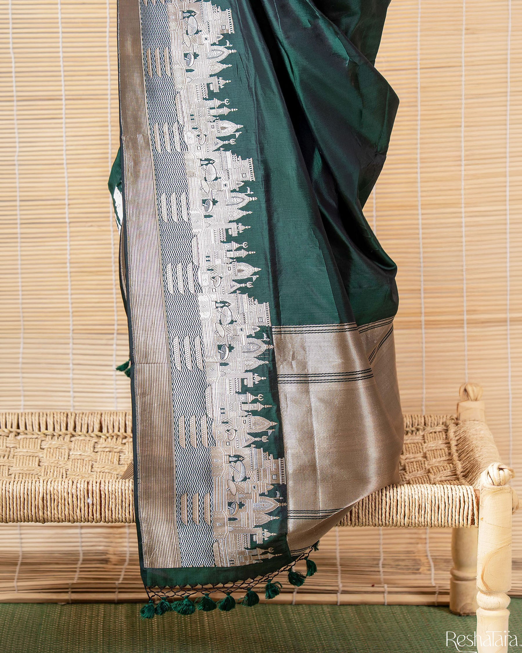 Kashi' Bottle Green Kadhua Pure Katan Silk Banarasi Handloom Saree