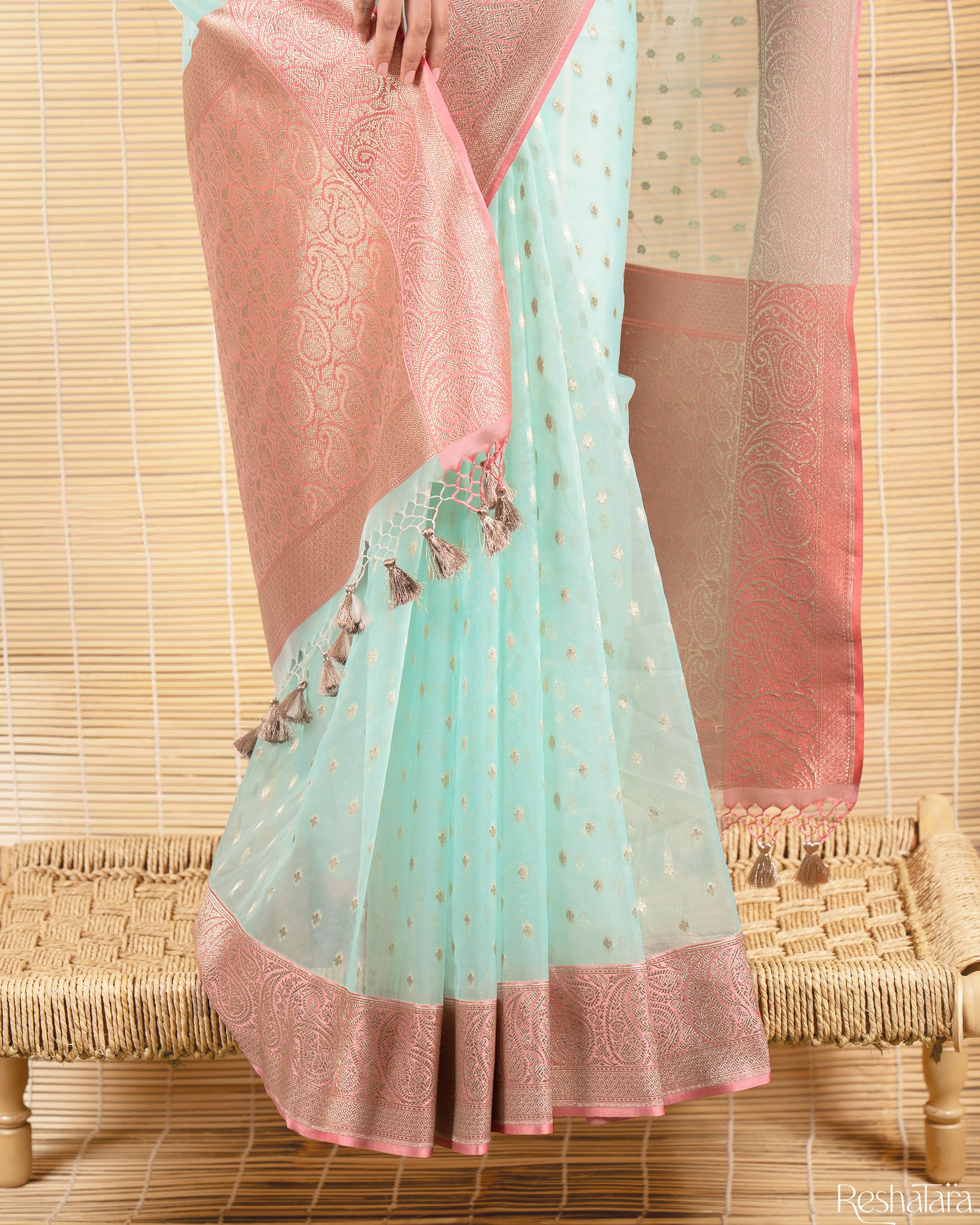 Mint Green and Pink Pure Kora Silk Banarasi Handloom Saree