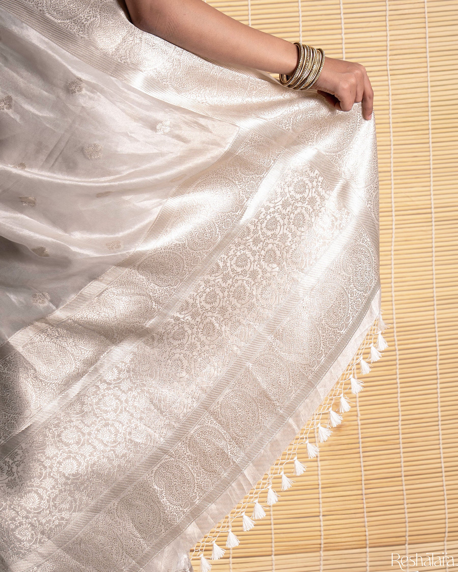 Metallic Silver Tissue Silk Banarasi Handloom Saree