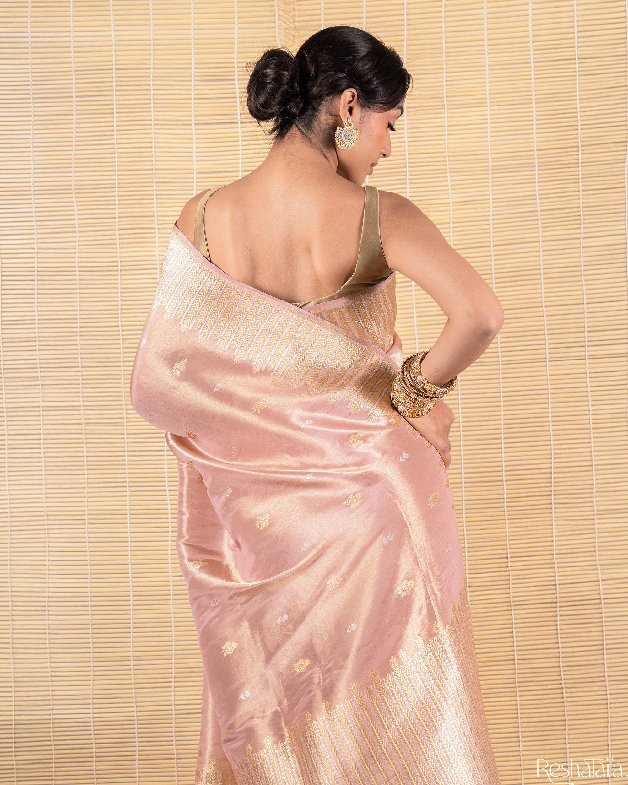Peachy Pink Kadhua Tissue Silk Banarasi Handloom Saree