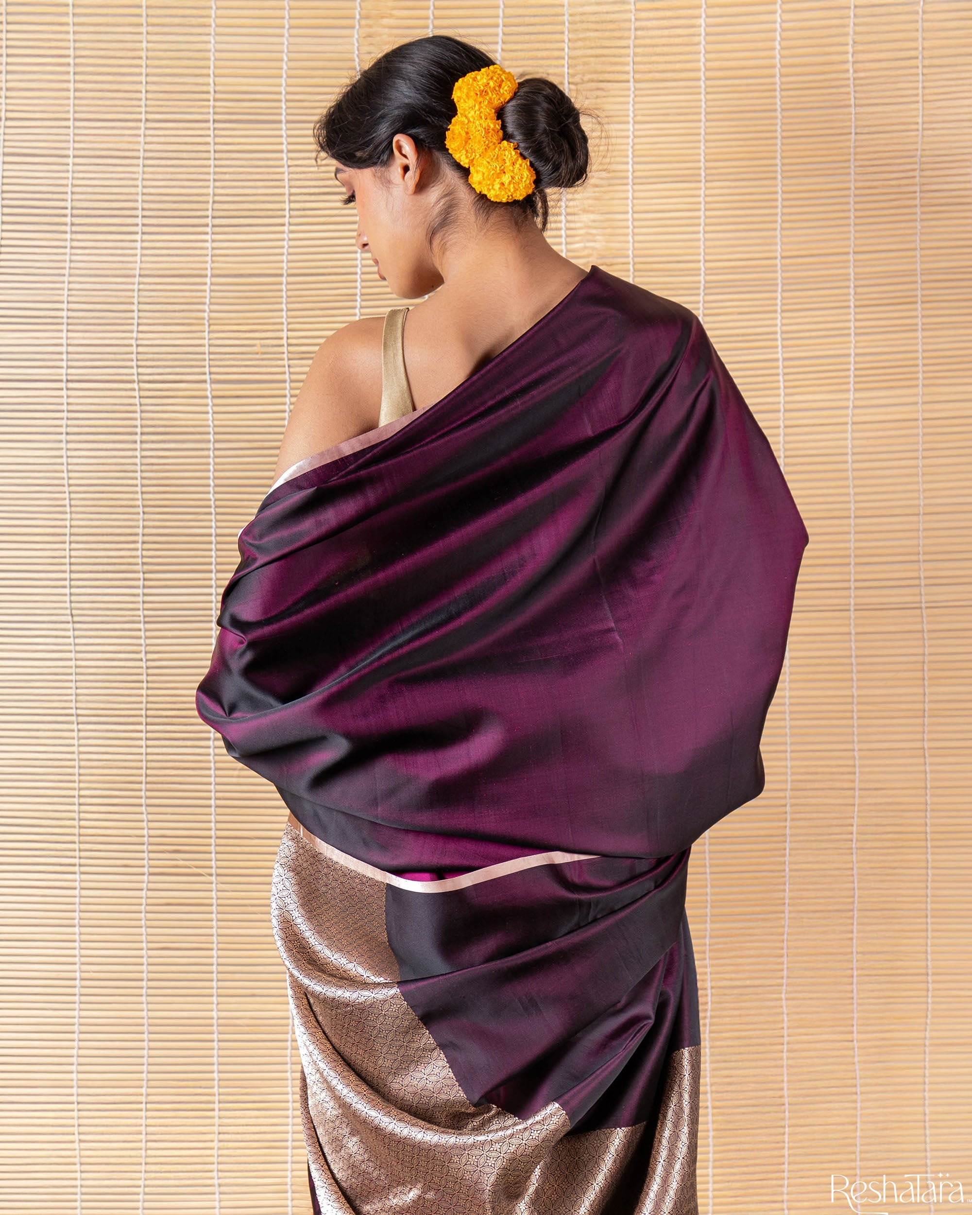 Wine Mulberry Silk Banarasi Handloom Saree