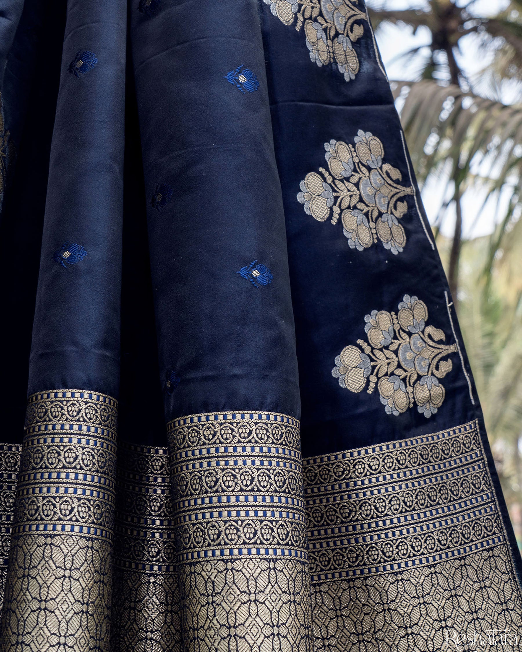Navy Blue Mashru Silk Banarasi Handloom Dupatta