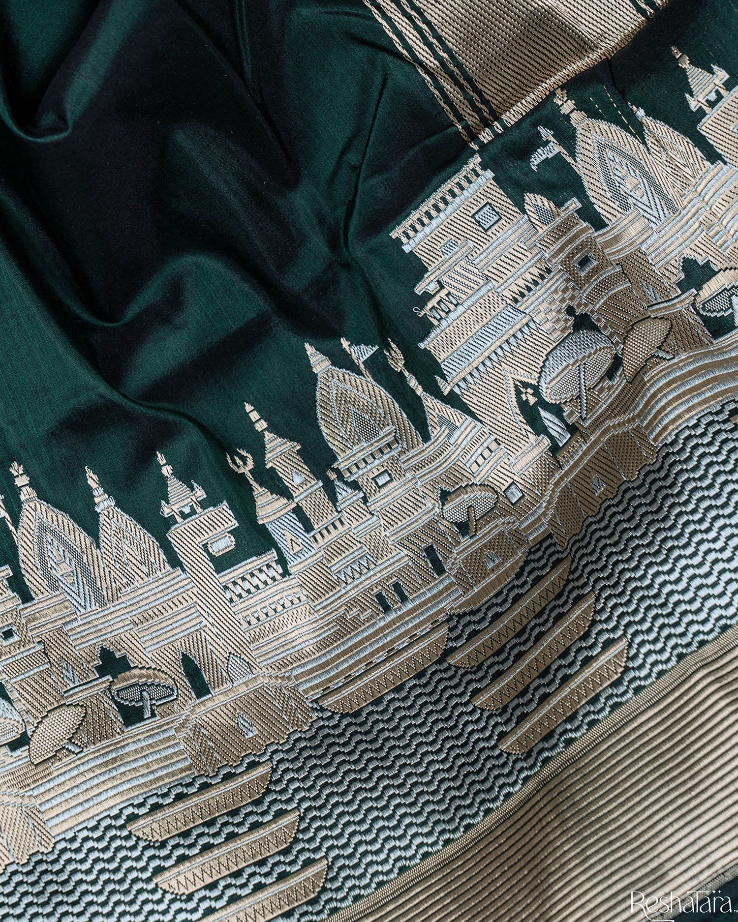 Kashi' Bottle Green Kadhua Pure Katan Silk Banarasi Handloom Saree
