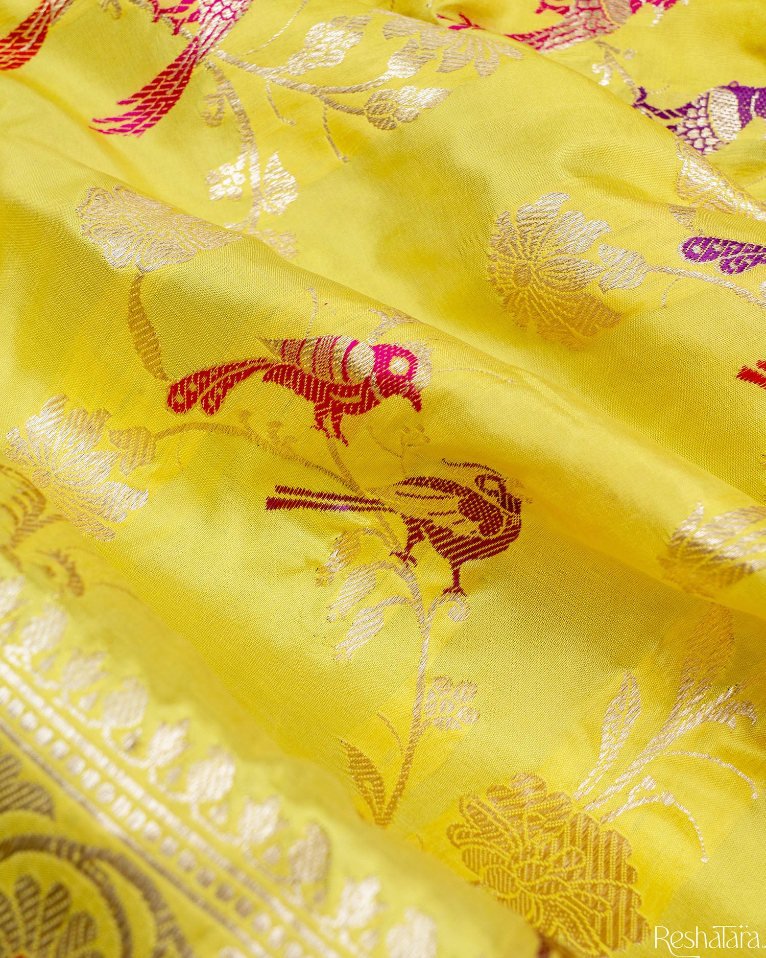 Canary Yellow Meenadar Pure Katan Silk Banarasi Jangla Handloom Saree