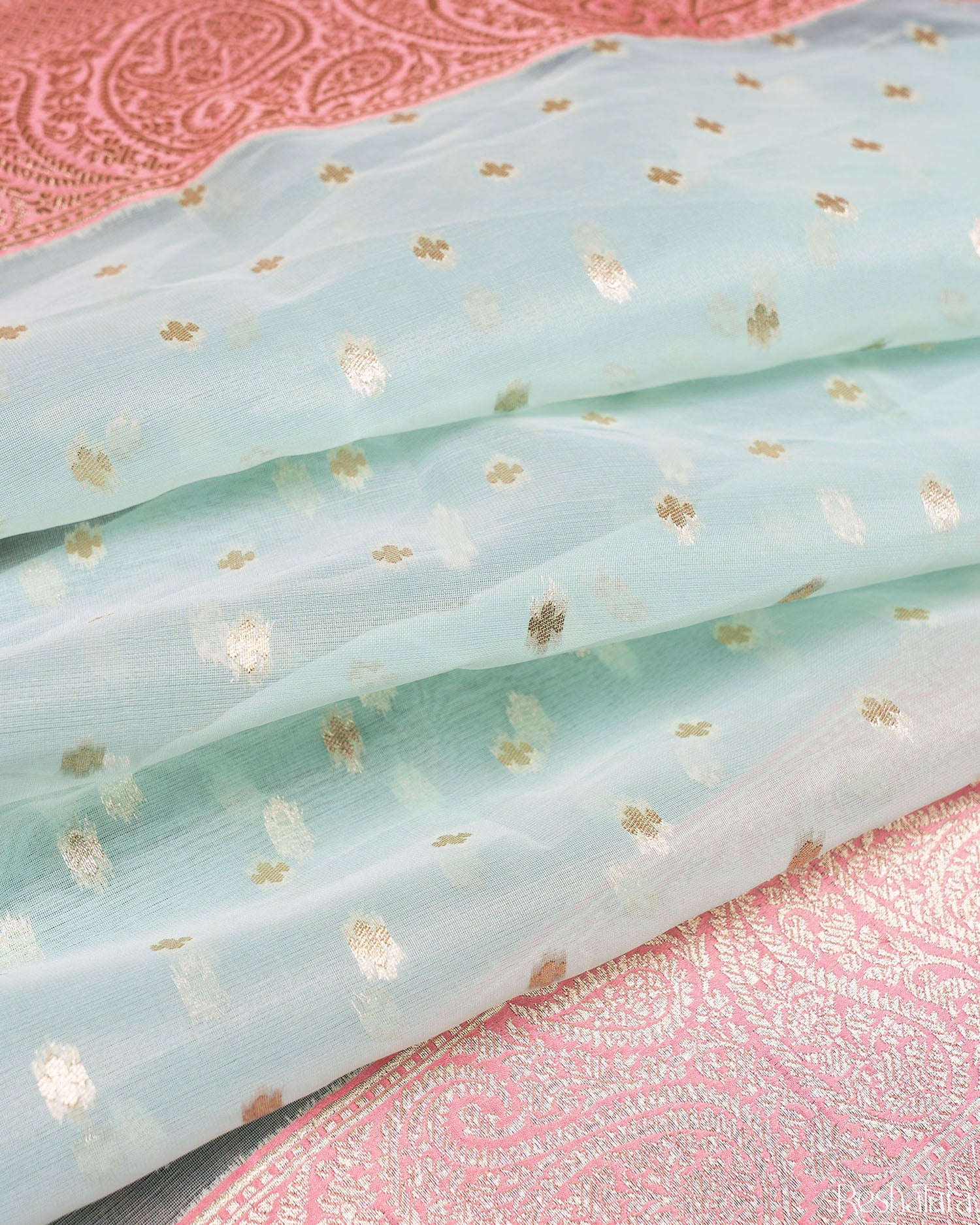 Mint Green and Pink Pure Kora Silk Banarasi Handloom Saree