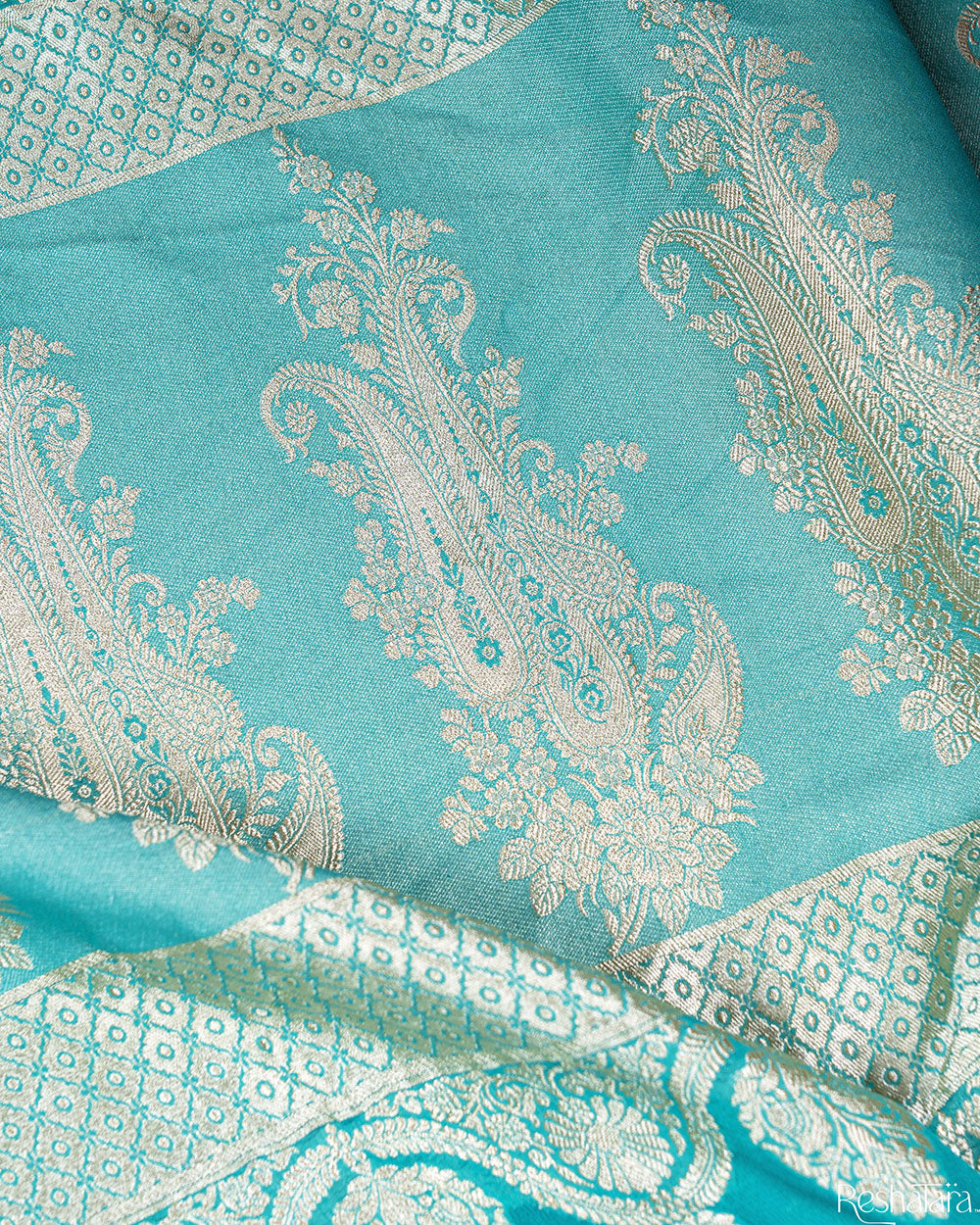 Turquoise Blue Pure Georgette Banarasi Handloom Saree