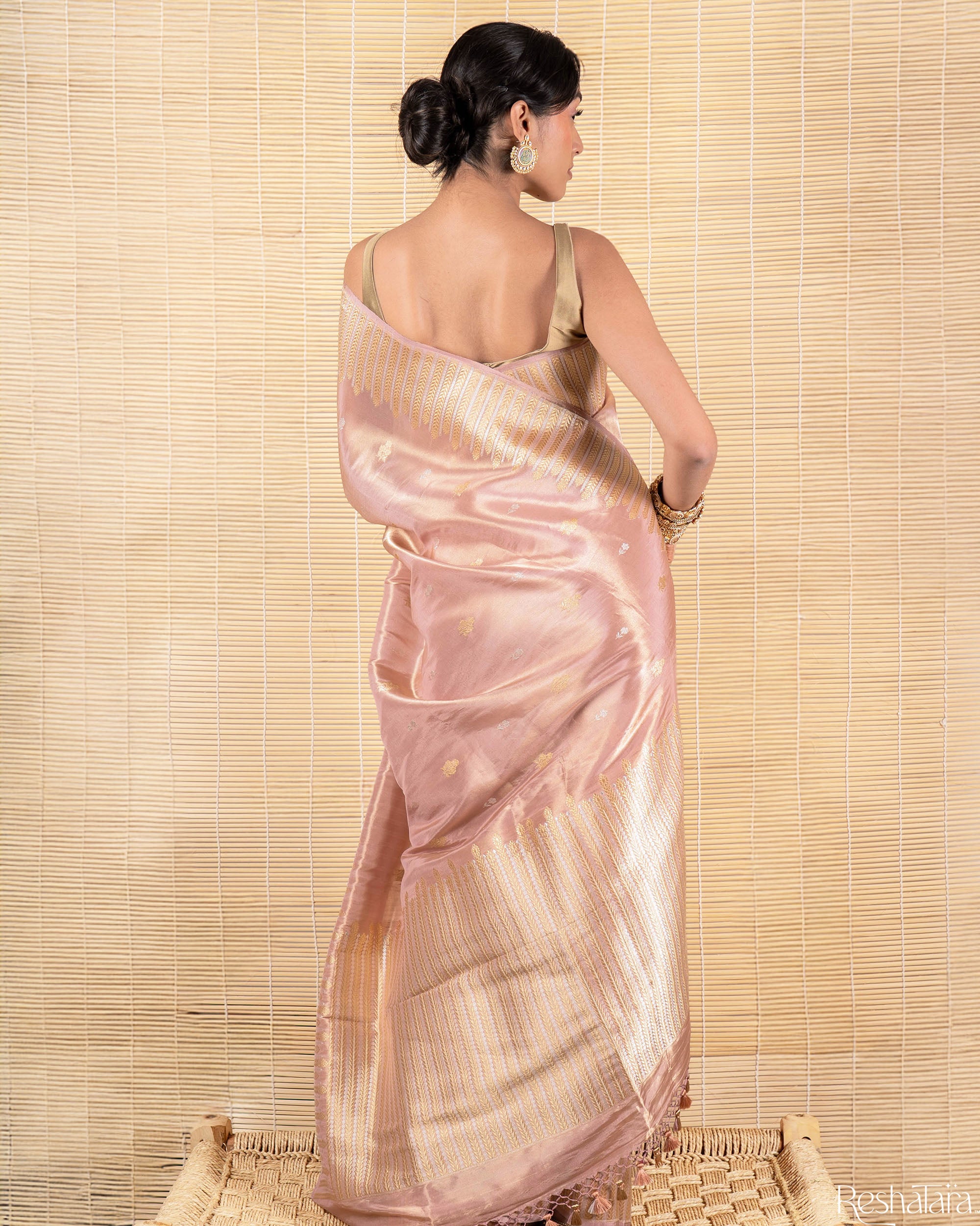 Peachy Pink Kadhua Tissue Silk Banarasi Handloom Saree