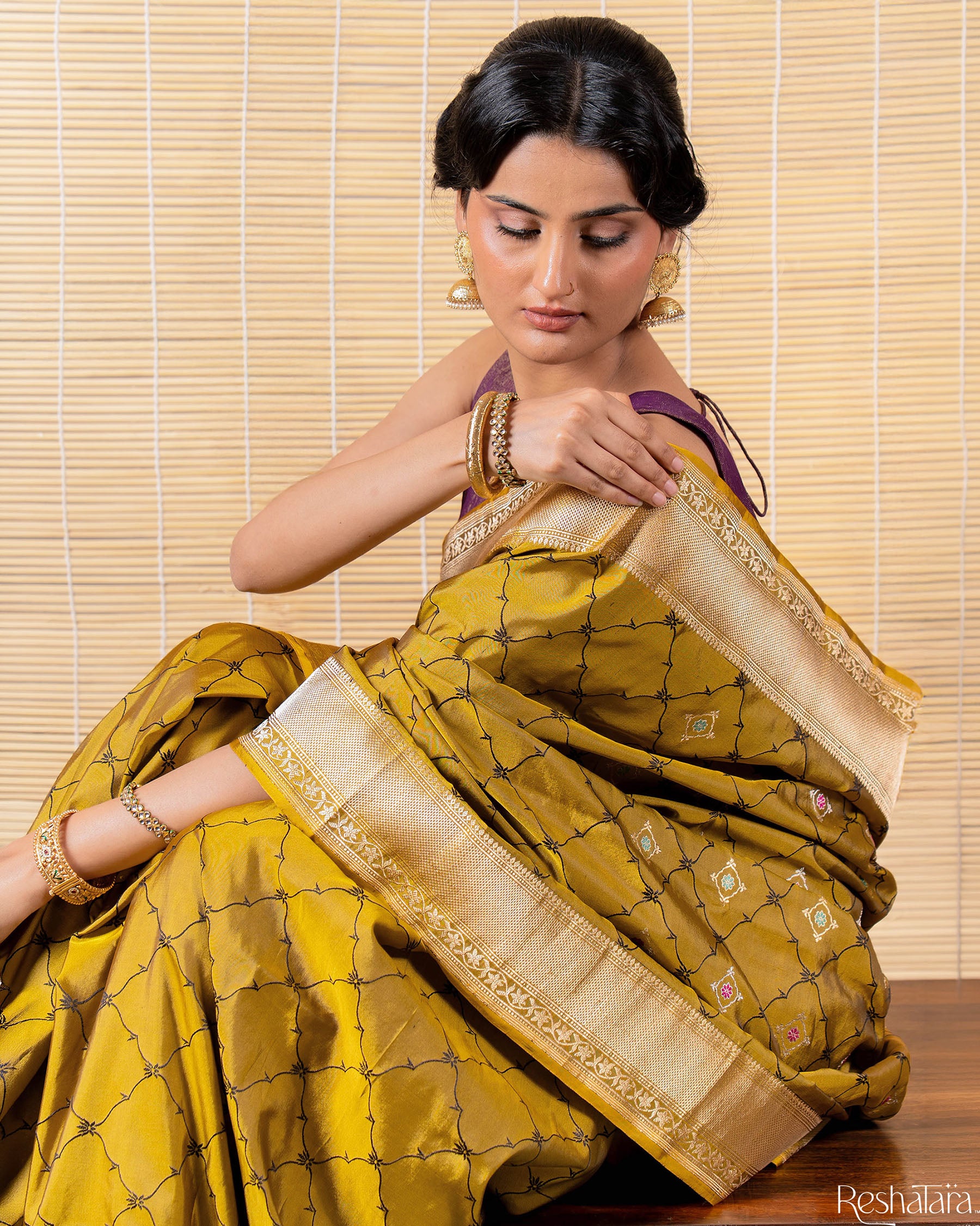Dusty Olive Green Meenadar Tanchoi Pure Katan Silk Banarasi Handloom Saree