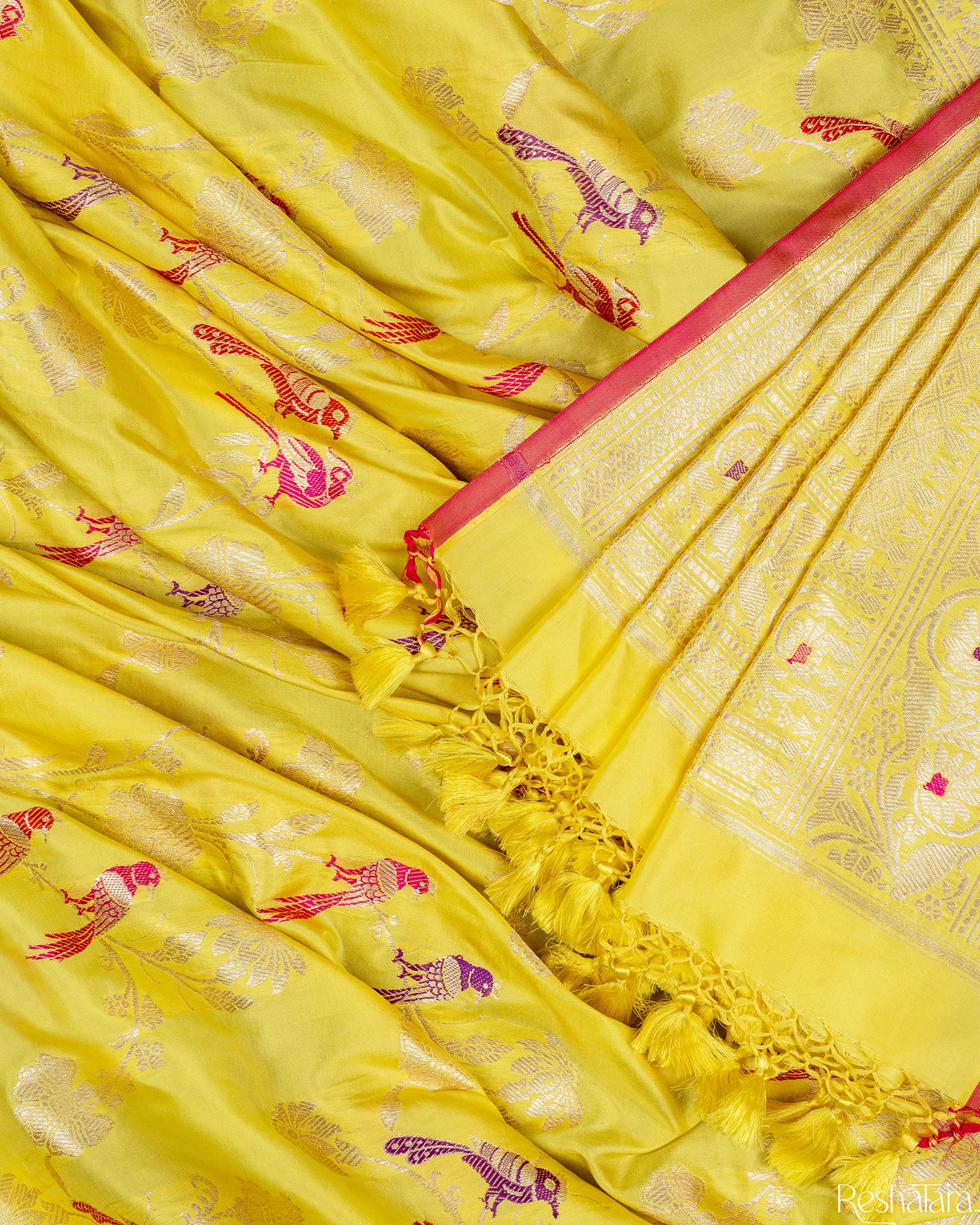 Canary Yellow Meenadar Pure Katan Silk Banarasi Jangla Handloom Saree