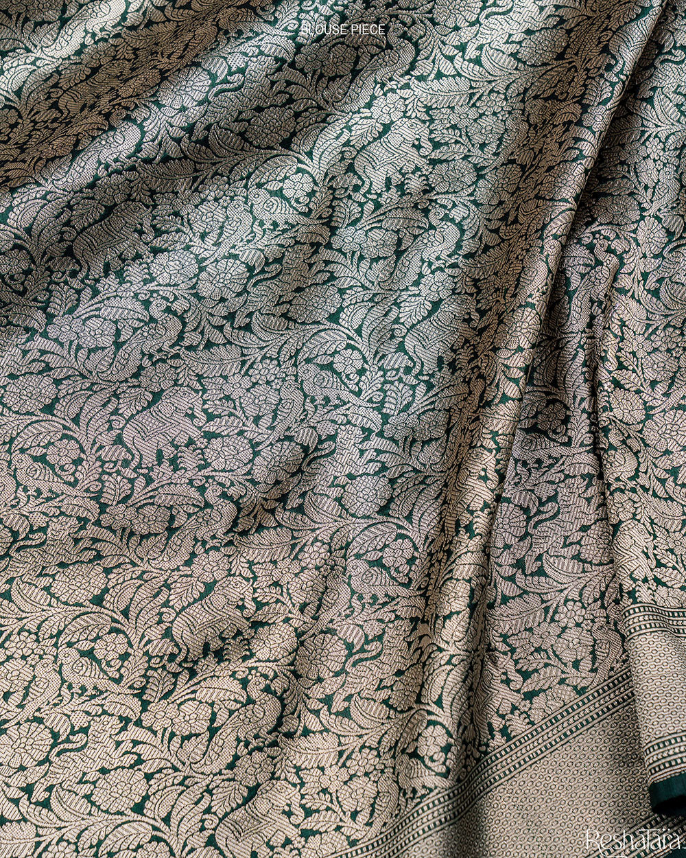Forest Green Pure Katan Silk Banarasi Shikargah Handloom Saree