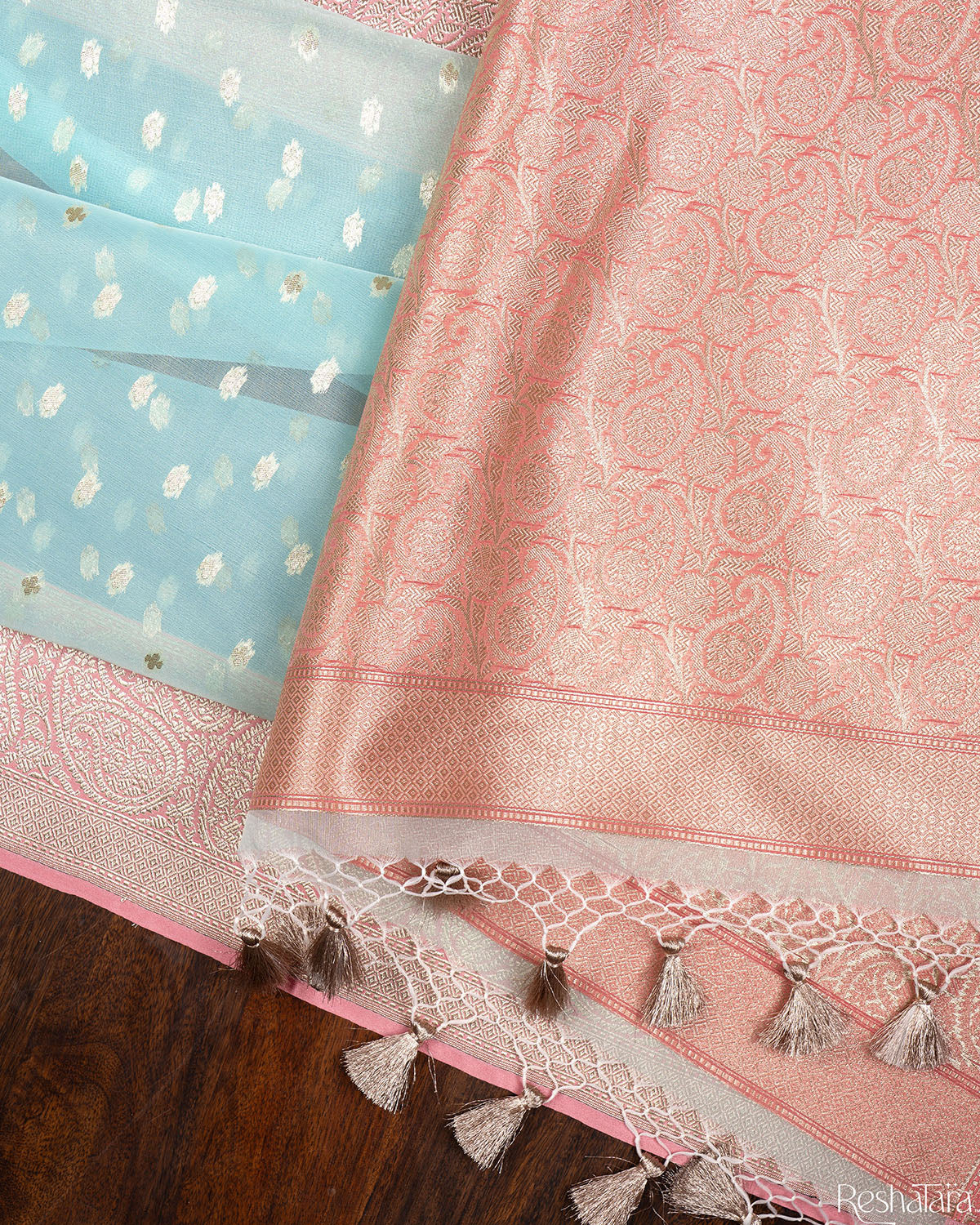 Mint Green and Pink Pure Kora Silk Banarasi Handloom Saree
