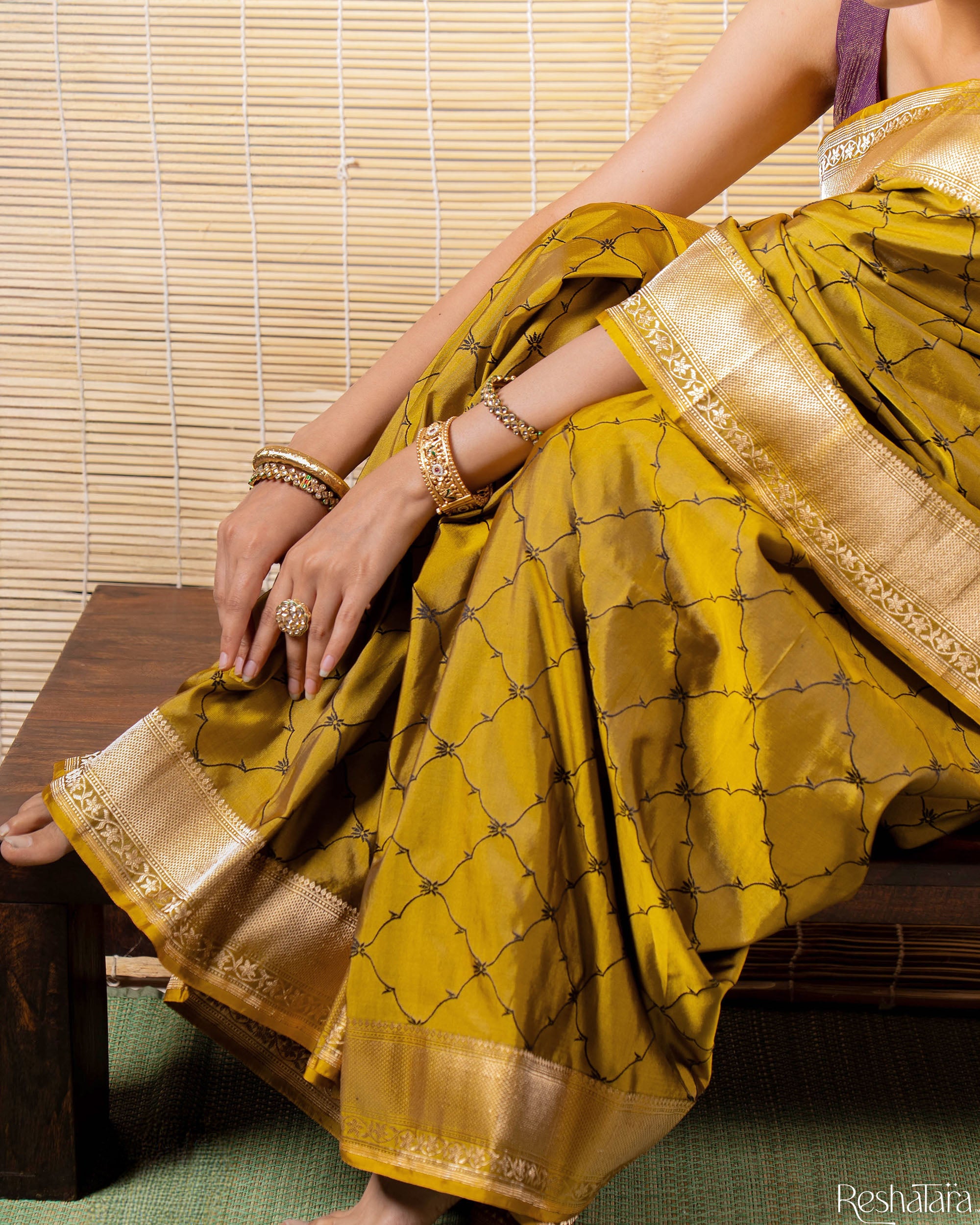 Dusty Olive Green Meenadar Tanchoi Pure Katan Silk Banarasi Handloom Saree
