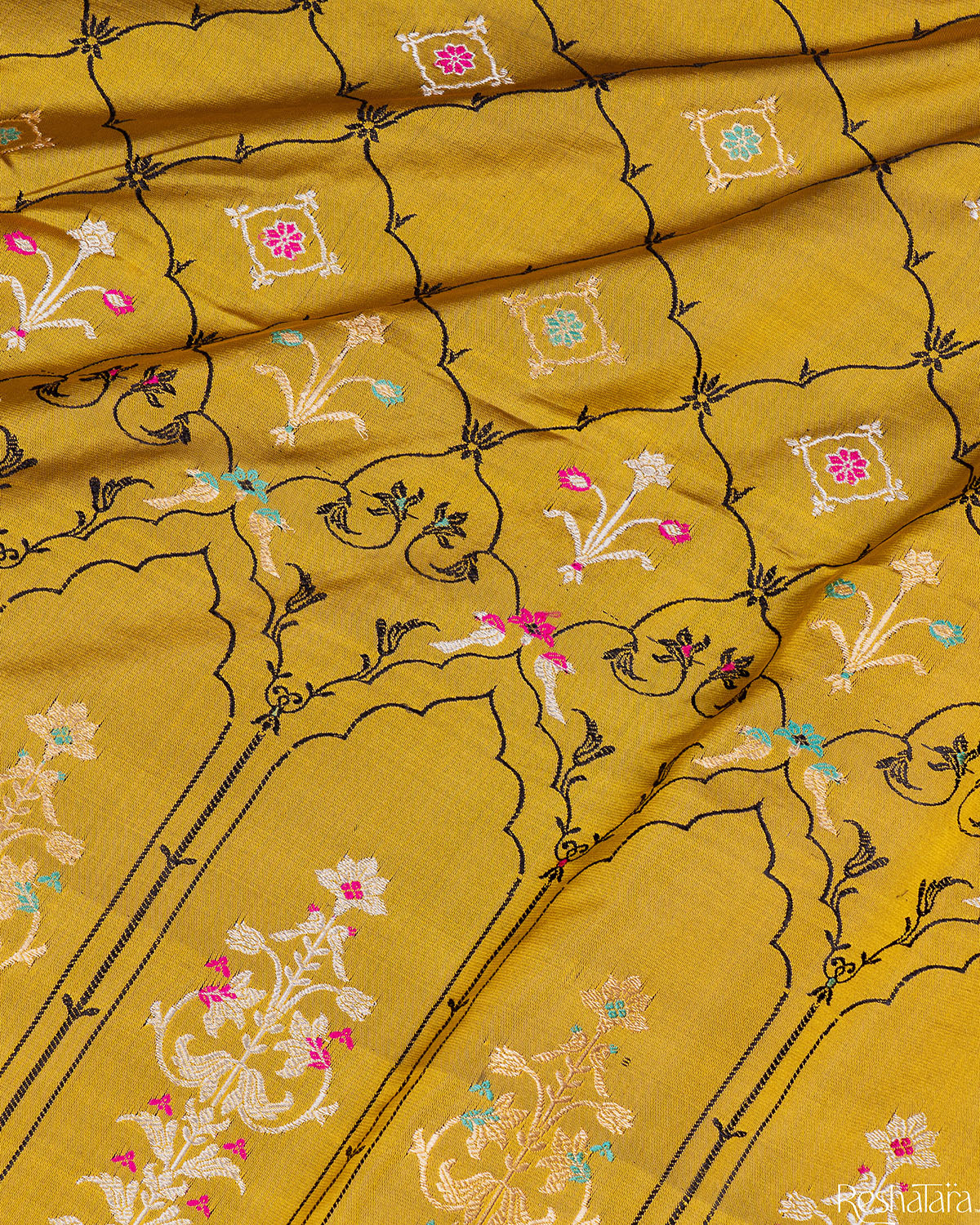 Dusty Olive Green Meenadar Tanchoi Pure Katan Silk Banarasi Handloom Saree