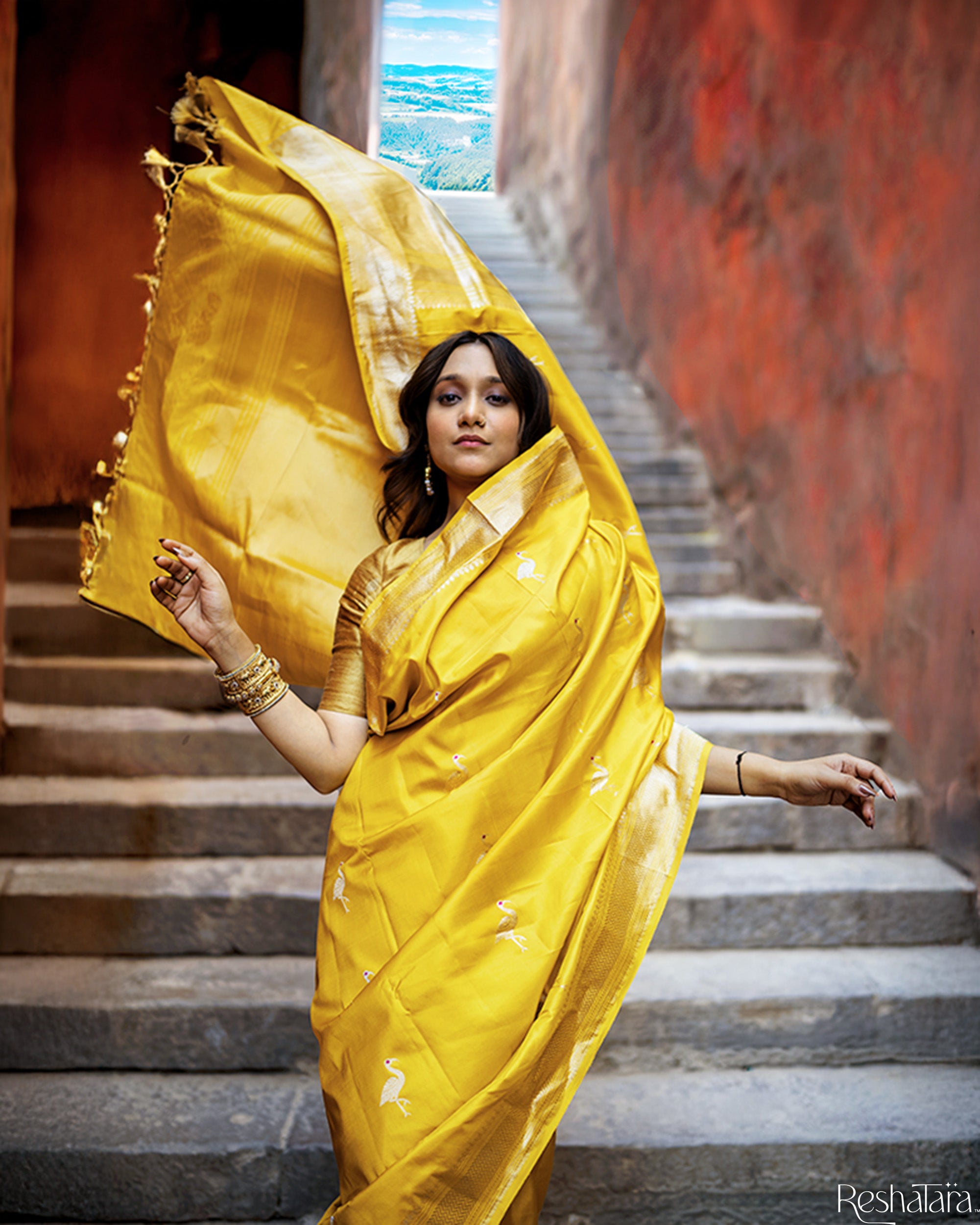 Mustard Yellow Meenadar Kadhua Pure Katan Silk Banarasi Handloom Saree